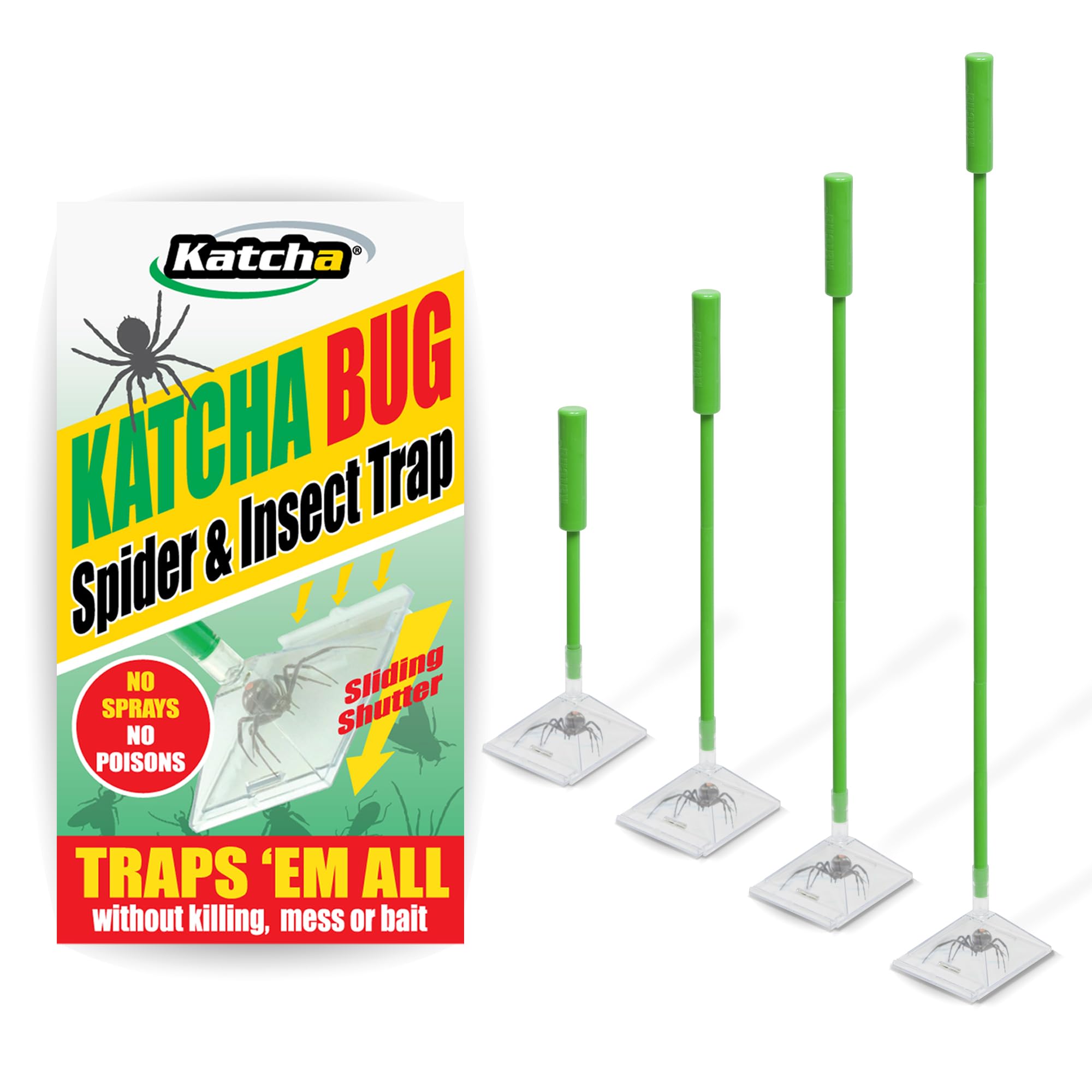 Katcha Spider & Bug Trap - Katcha Bug Spider Catcher, Crawling Insect Spider Beetle Cockroach Wasp Bee Fly Traps them all (4 Piece Handle, 2 Pack)