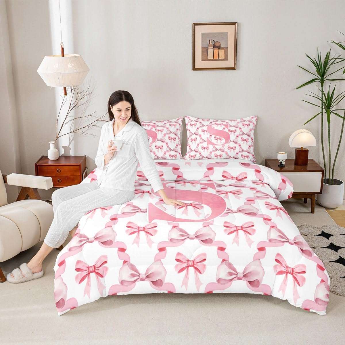 jejeloiu Cute Bowknot Comforter Set All Season Letter S Bedding Set with 1 Pillow Cases Girls Pink Bow Kids Twin Bedclothes Monogrammed Bedroom Decor Gifts for Daughter Women Teen Girls Duvet Quilt