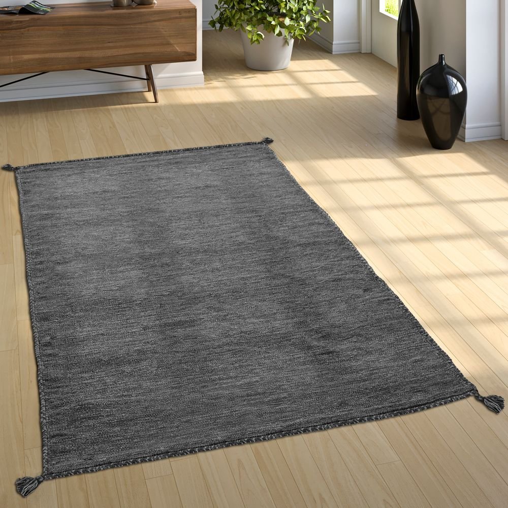 Paco Home Wohnzimmer Natur Teppich m. Fransen, Moderner Handgewebter Kelim, 100% Baumwolle, Grösse:120x170 cm, Farbe:Grau