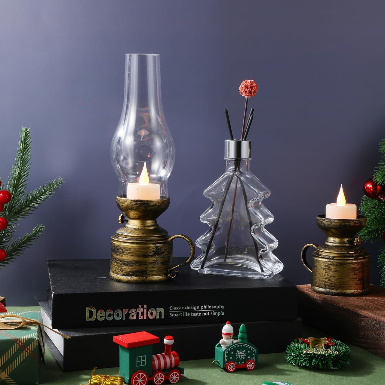 Zerodeko 2Pcs Kerosene Lamp Vintage Flameless Table Lamp, Led Kerosene Lantern Clear Hurricane Lamp Battery Operated Nightstand for Bedroom Living Room (Bronze)