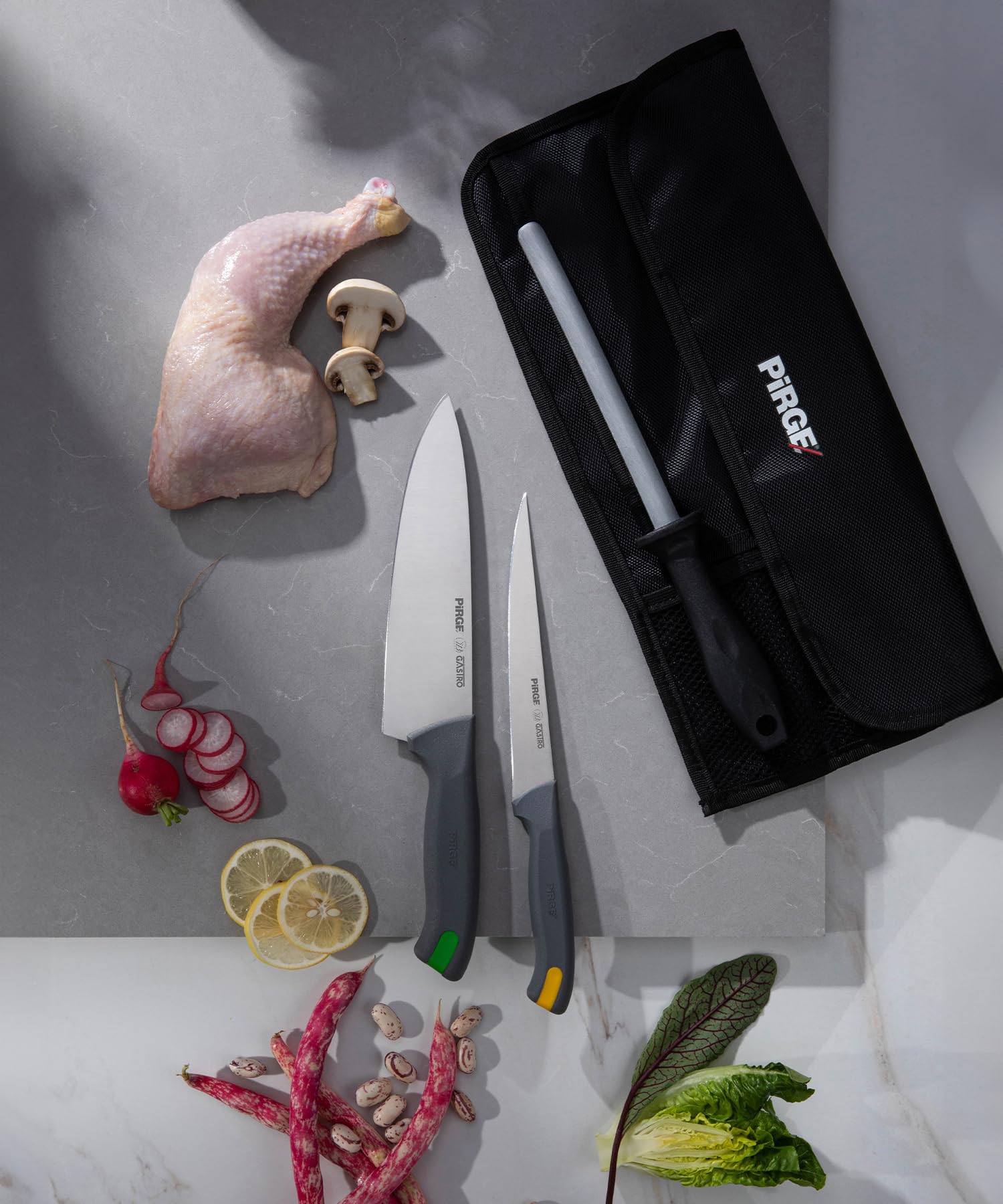 Pirge Gastro Set Coltelli 4 Pezzi con Borsa - Sistema Inserti Colorati HACCP - Acciaio Inox Pro - Set Chef Professionale Ultra-Affilato