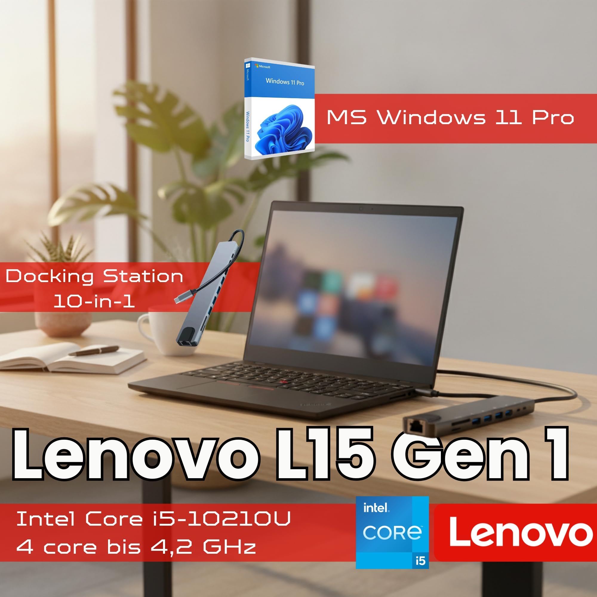 Lenovo ThinkPad L15 Notebook Refurbished 15.6 Zoll Full HD | Intel Core i5-10210U Kerne 4.2GHz | 16GB DDR4 | SSD 512GB nvme | USB-C HDMI Wi-Fi 6 | Windows 11 Pro + Docking Station | 24 Monate Garantie