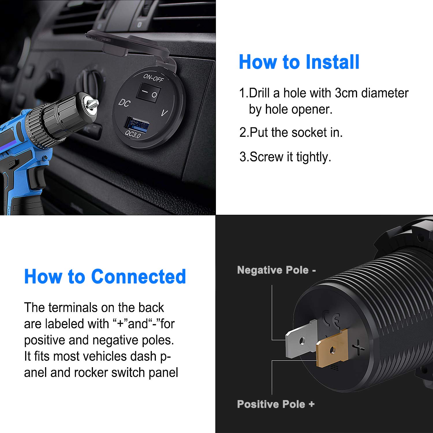 Gniazdo ładowarki USB 12 V/24 V, ładowarka samochodowa szybkie ładowanie 3.0 Zintegrowane gniazdo wodoodporny adapter z przełącznikiem LED woltomierz Wyświetlacz napięcia do motocykla, łodzi,