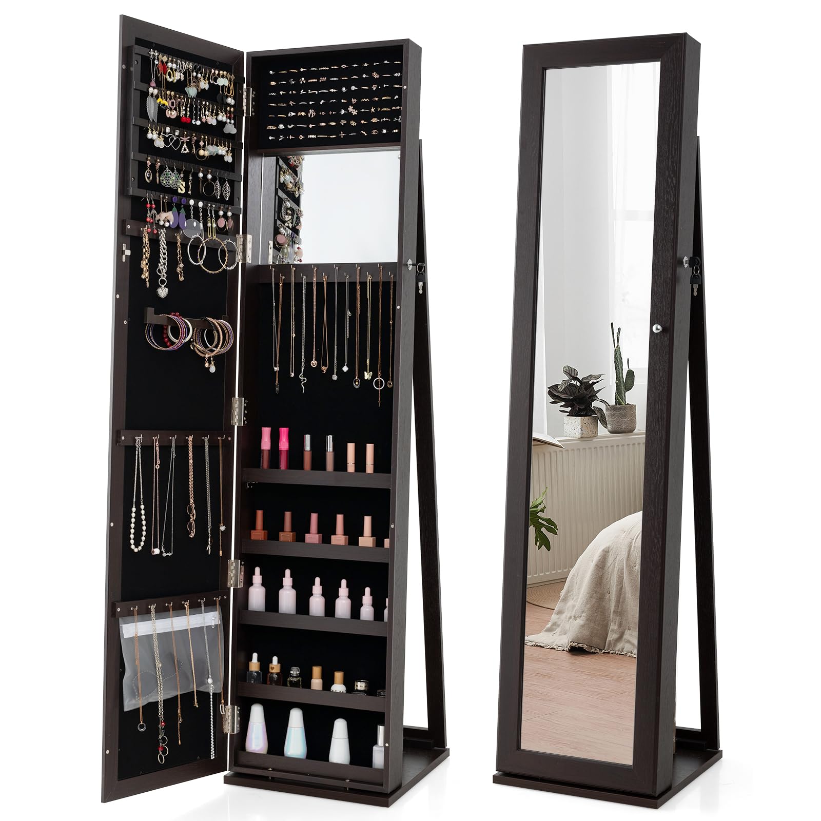 GOPLUS GOPLUS Espejo Joyero de Pie 2 en 1 con Cerradura, Armario para Joyas Giratorio con Ranuras para Anillos, Ganchos para Cadena, Espacios para Pendiente, Organizador de Joyería 157,5x38x38cm (Café)