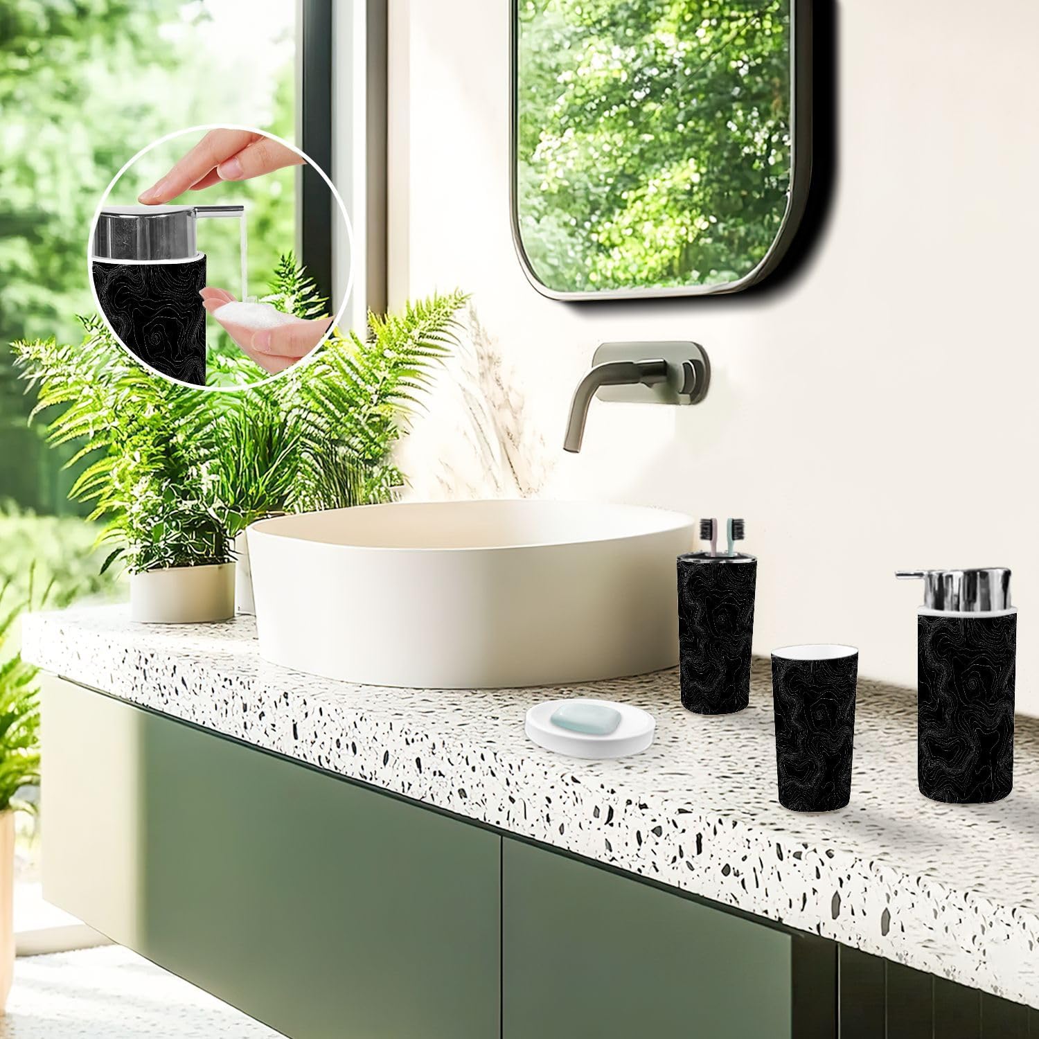 Bathroom Accessory Set 6PCS Light Topographic Contour map Cartography Trash can, Soap Dispenser, Toothbrush Holder, Toilet Brush & Holder, Soap Dish for Housewarming Gifts