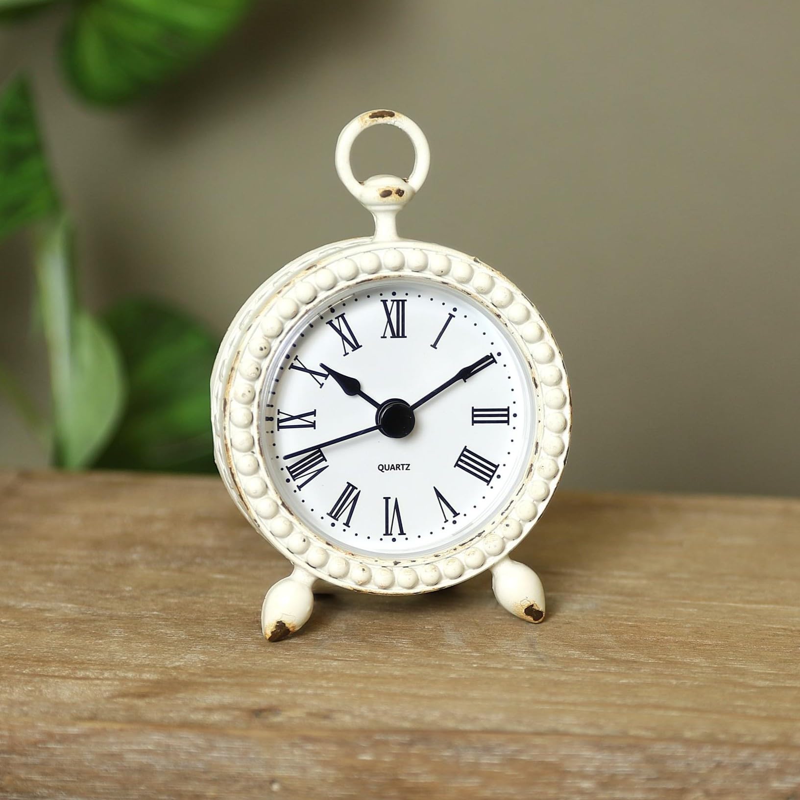Grey Metal Mantel Clock Numeral Rustic Shabby Chic Ring Handle Table Time Piece