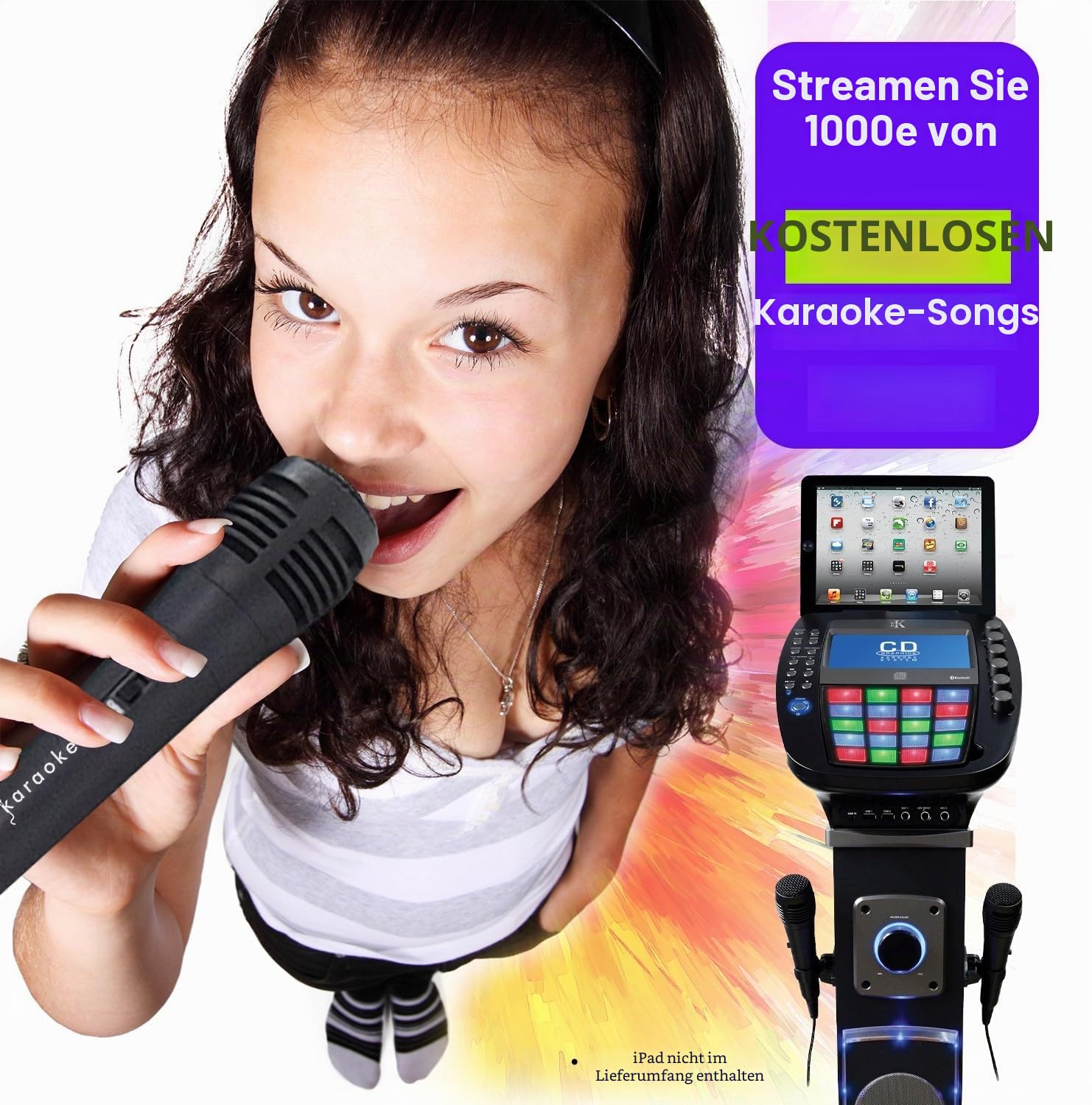 KARAOKE Easy Bluetooth System mit Lautsprechersockel - Professionelles CDG-System mit 6 Lautsprechern, LED-Disco-Lichtern, 7-Zoll-Farb-TFT-Bildschirm + 2 Mikrofone