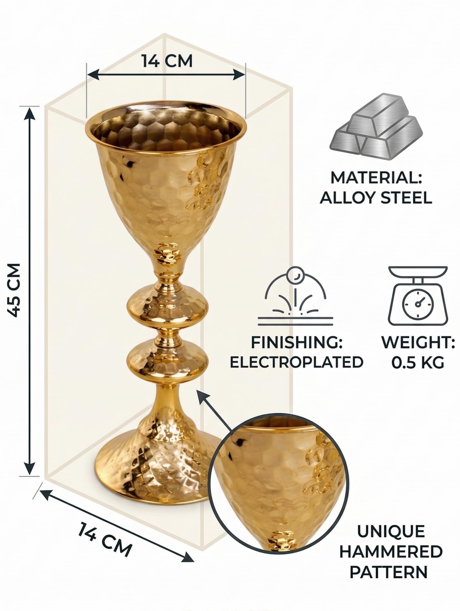 Extreme Karigari Hammered French Gold Metal Flower Vase | Alloy Steel Decorative Centerpiece | Electroplated Finish | Table Décor for Wedding, Home & Events (Large) 1