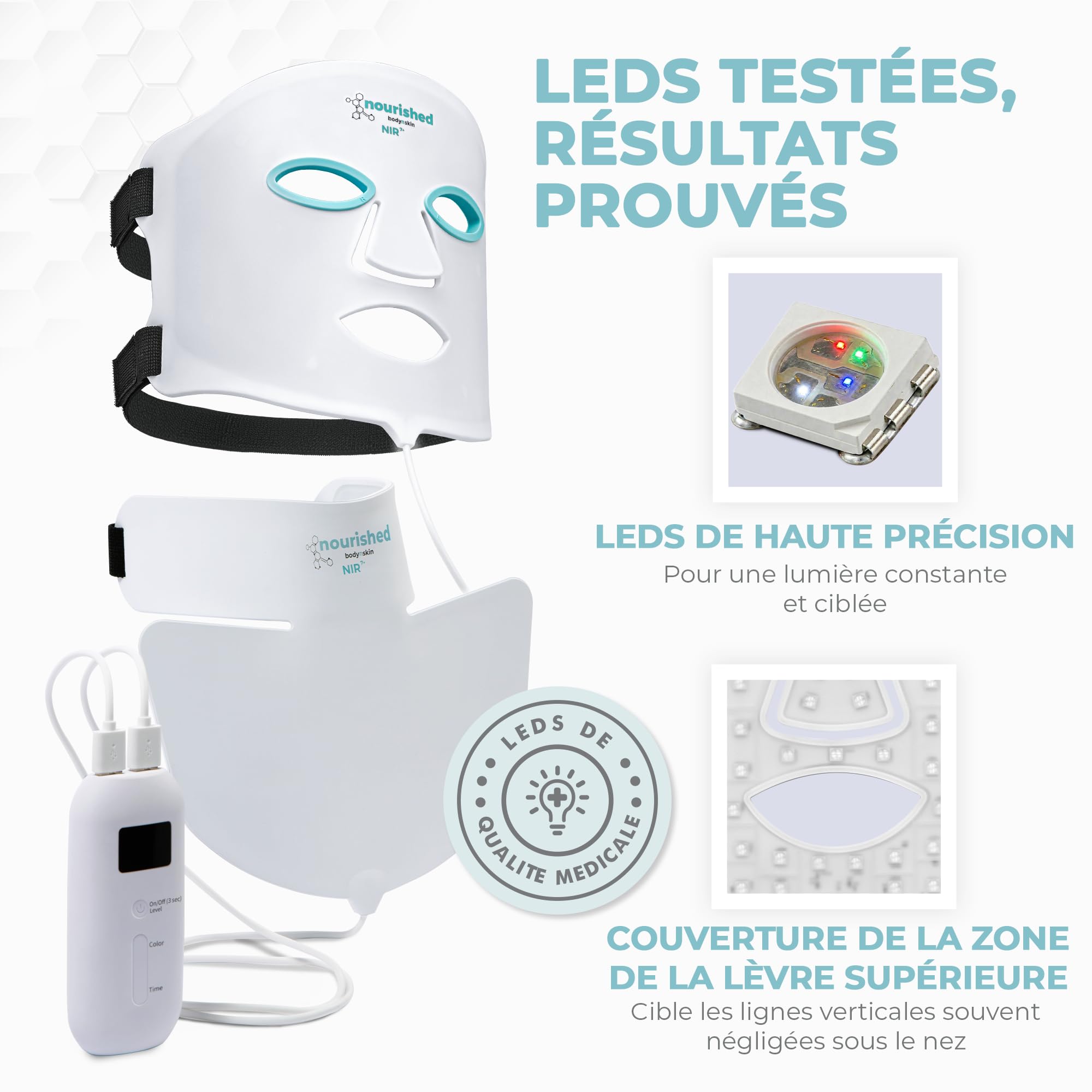 Nourished Bodynskin Masque LED 7 couleurs visage et cou avec infrarouge proche - Luminothérapie bleue, rouge pour le visage - 912 LED - Outil de soin pour l'anti-âge