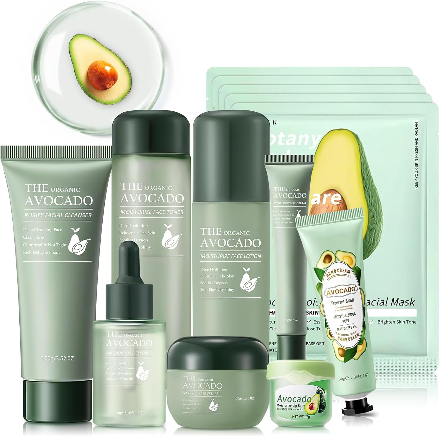 Avocado Skin Care Set, 13-In-1 Travel Skincare Kits for Hydrating & Soothing Skin, Daily Care Routine Kit with Avocado, Anti Aging Facial Kit for Women, Reduces Acne, Fine Lines & Wrinkles.