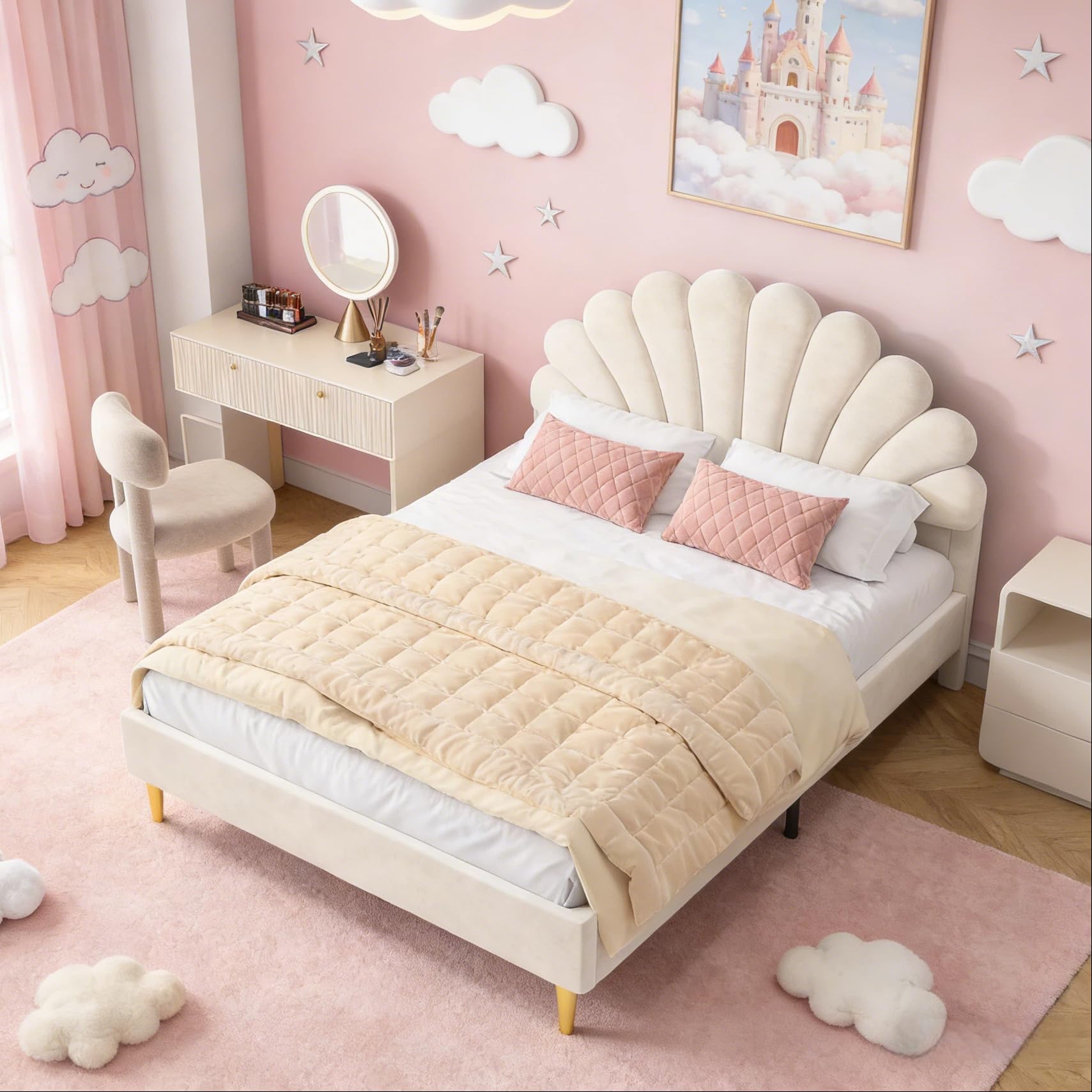 BRILVERDE Lit de Fille 140x200 cm, Lit Princesse avec tête de lit Fleurie, Cadre avec Sommier à Lattes, pour Filles, pour Enfants et Adolescents, Velours (Beige, 140 x 200 cm)