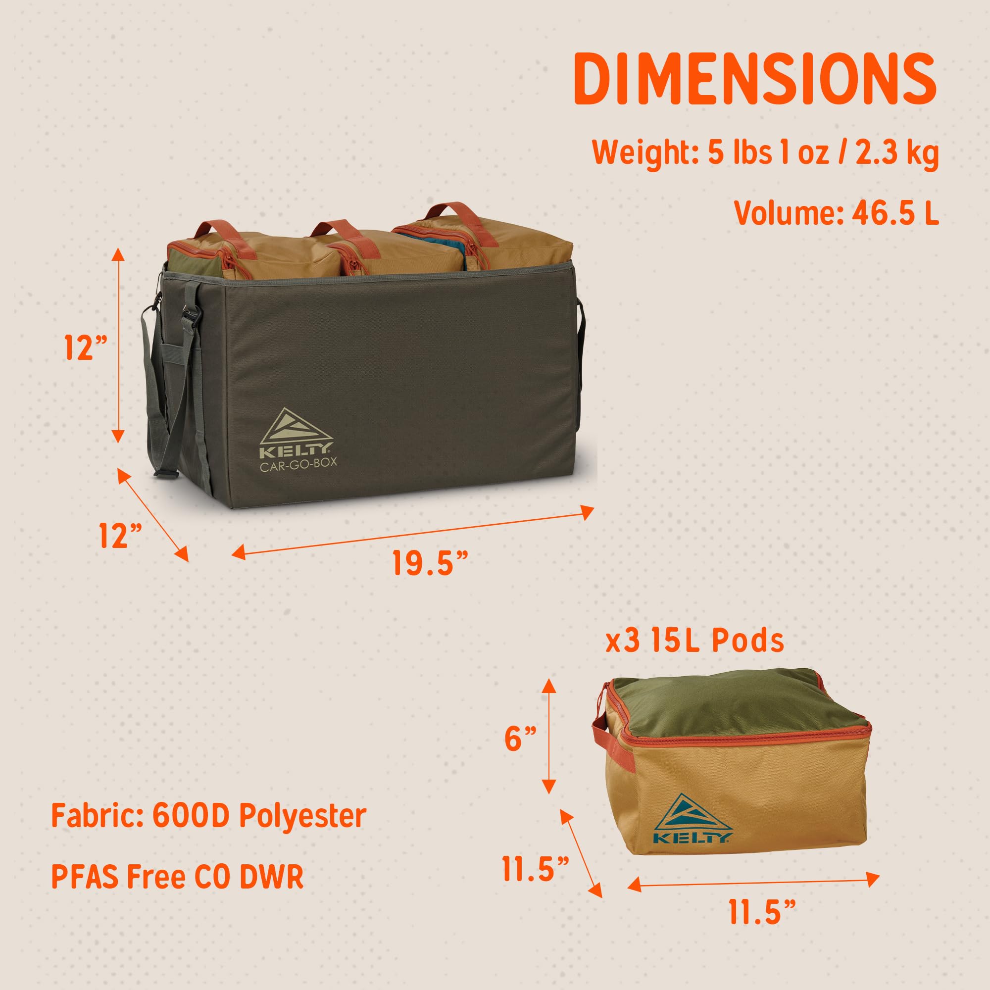 Kelty CAR-GO-Box - Kit per campeggio, tailgating, organizzazione viaggi per camion, furgoni, SUV, auto - cubi da imballaggio con codice colore, tessuto robusto, 45 l