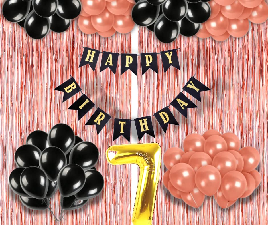 Image of 7th Birthday Decoration items for Girls with Black and Rose Gold Balloons, Black Happy Birthday Banner, Rose Gold Foil Curtain, Foil Balloon number 7