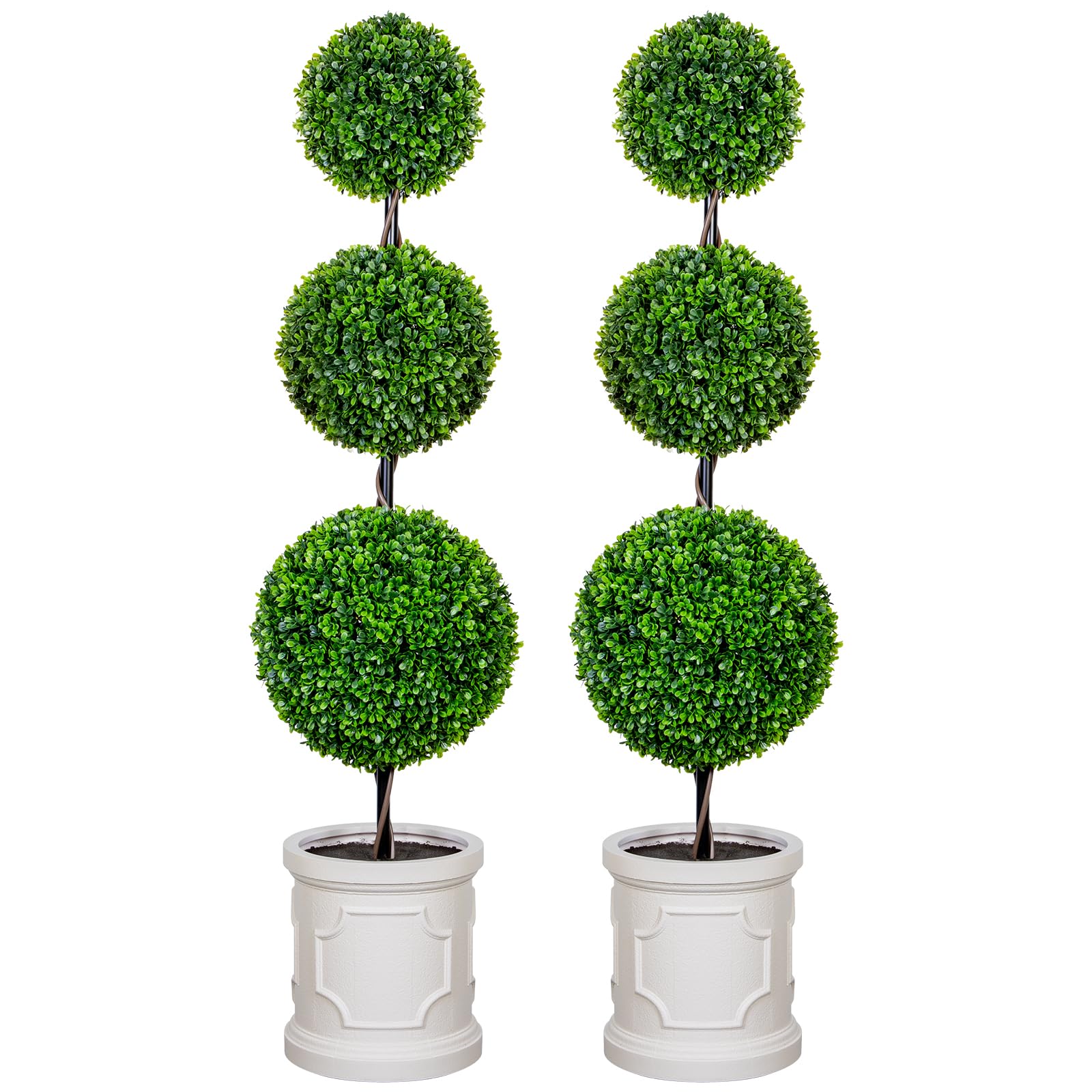 VIVATREES 4FT Artificial Triple Ball Topiary Trees with Roman Style Vintage White Planter Pot, Outdoor Indoor Realistic Faux Shrubs Plants, Fake Trees