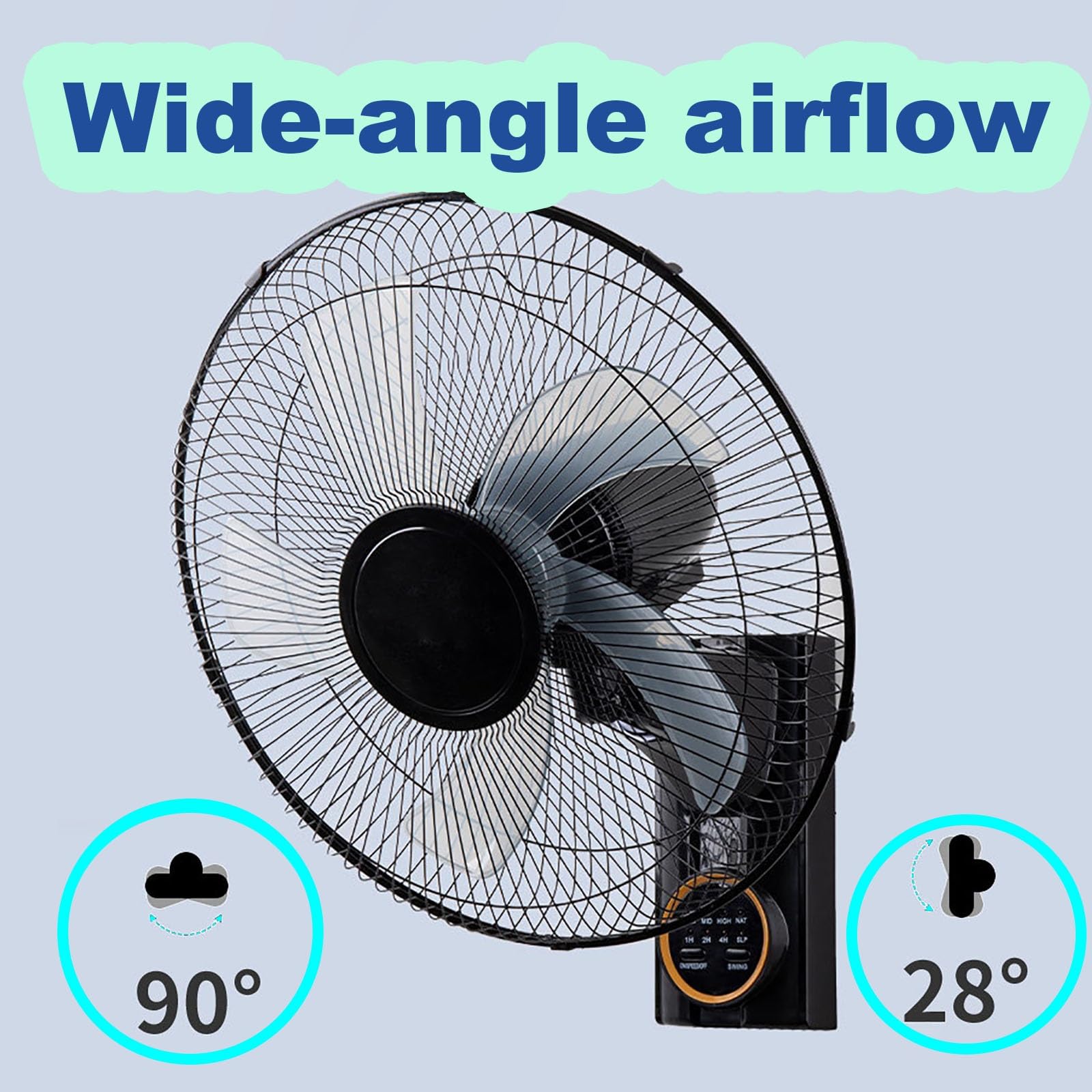 Ventilador Oscilante De Pared De 16 Pulgadas,Velocidad Del Aire Ajustable | Control remoto por botones,Funciona con un panel solar de 20 W,Batería de alta capacidad,Autonomía prolongada