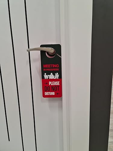 Miniatura 5 de Diseño empresarial, letrero para colgar puerta con texto en inglés "Meeting In Progress Do Not Disturb", paquete de 2, doble cara, ideal para
