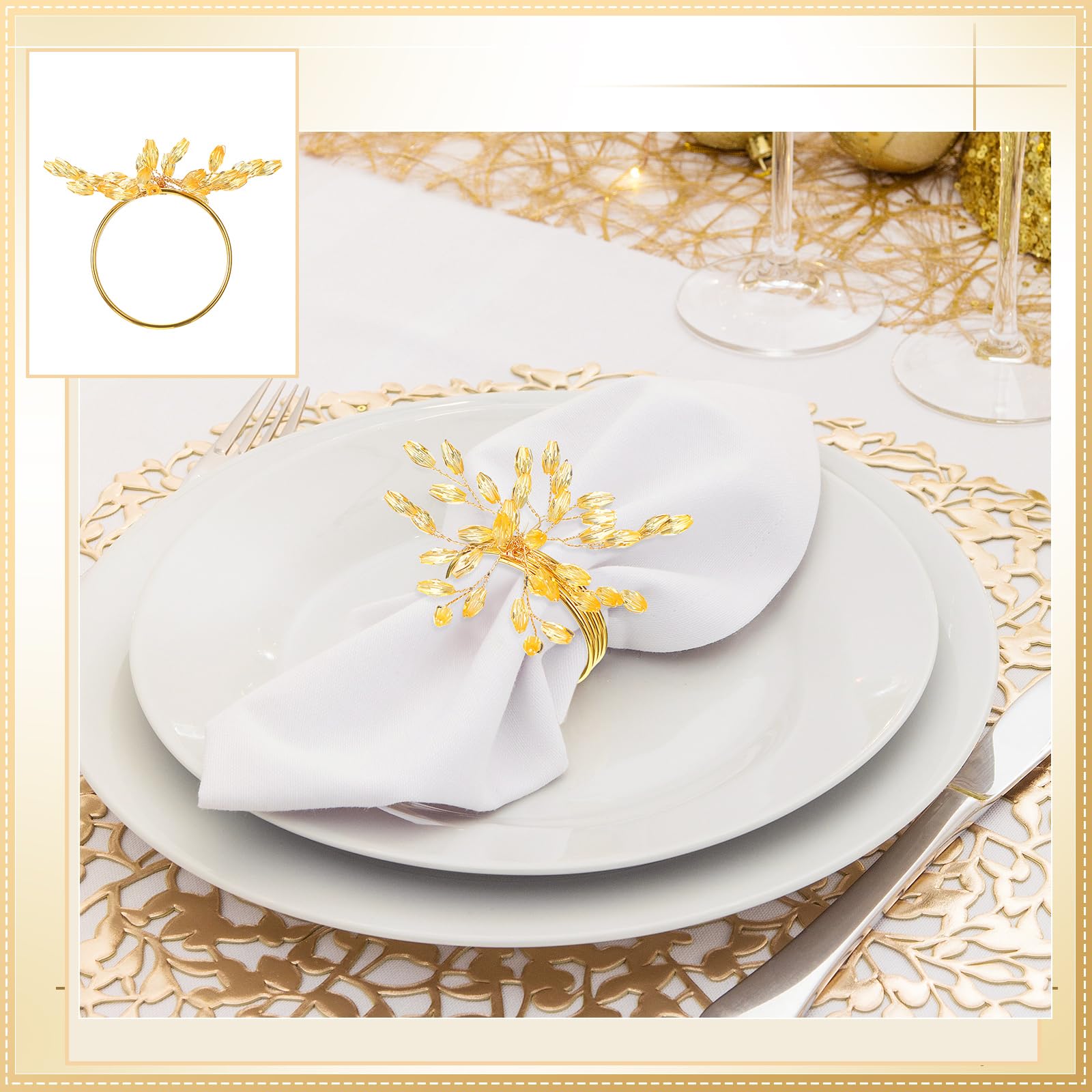 Lot de 18 ronds de serviette de Noël en métal avec cristaux dorés et fleurs pour Noël, mariage, fête d'anniversaire, décoration de table à manger, fêtes quotidiennes