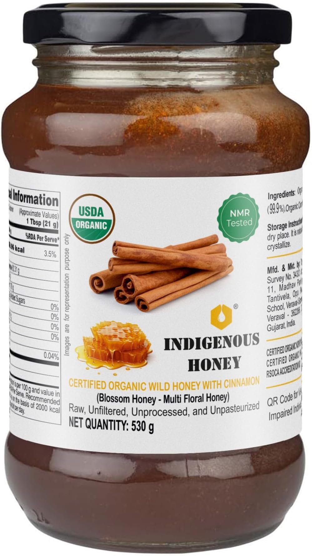 INDIGENOUS HONEY Raw Organic Honey with infused Cinnamon NMR Tested NPOP Organic Certified Pure Natural Unprocessed Sugar free Honey Immunity Booster- 530 g Glass Jar