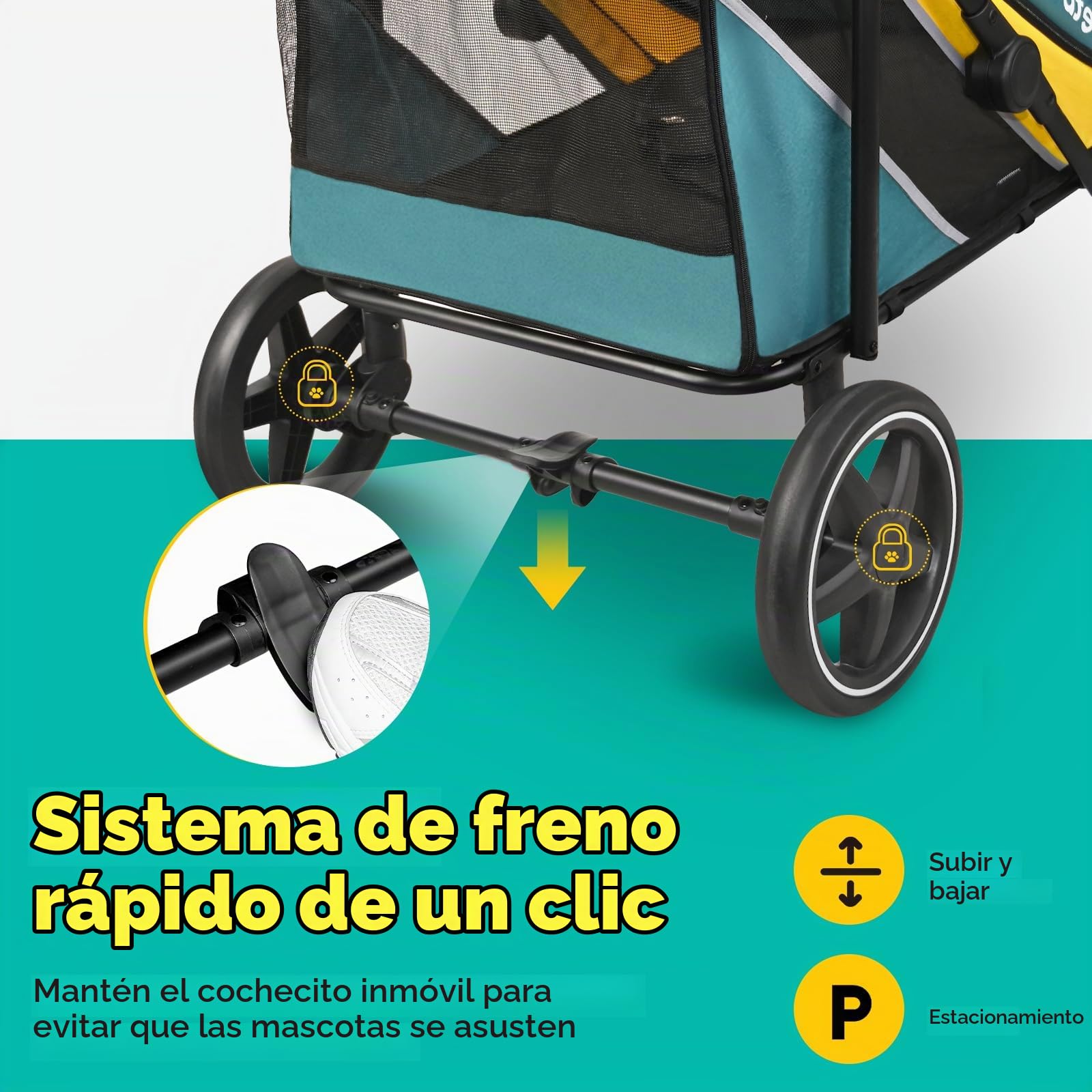 Petbobi Cochecito para perros de gran tamaño, carro para perros fácil de plegar con doble entrada, freno de un pie, malla grande transpirable y techo corredizo, cochecito todo terreno para perros