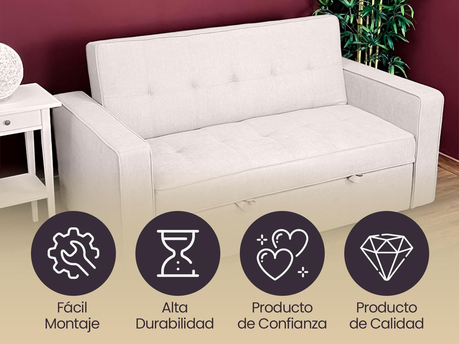 Homey - Sofá Cama de 2 Plazas Modelo Aron, Diseño Moderno, Práctico y Funcional, con Reposabrazos, Beige, 167cm x 90cm x 96,5cm