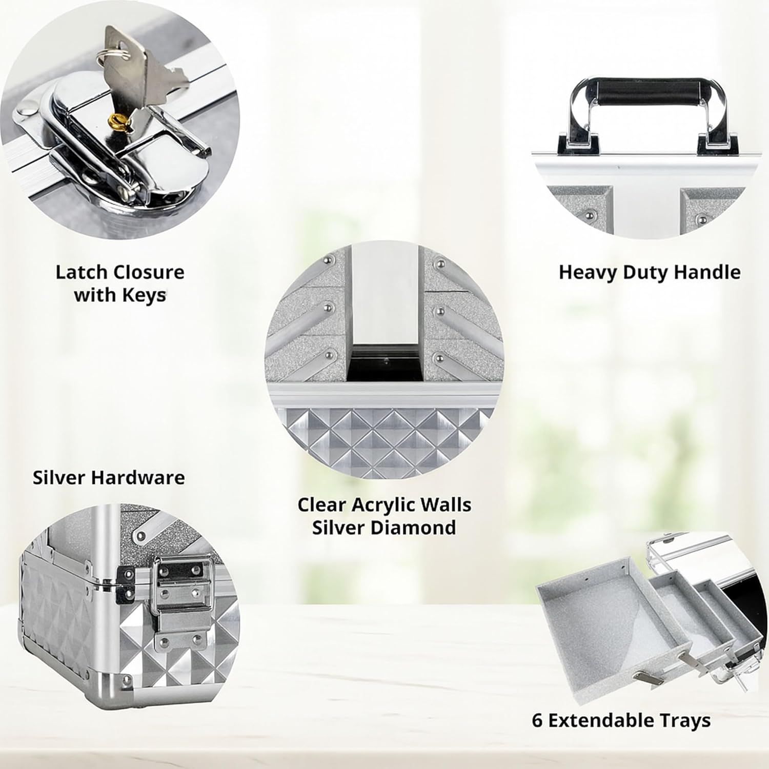 Ver Beauty Silver Diamond Makeup Train Case with 6 Accordion Trays – Lockable Cosmetic Organizer with Spacious Interior & Clear Acrylic Top