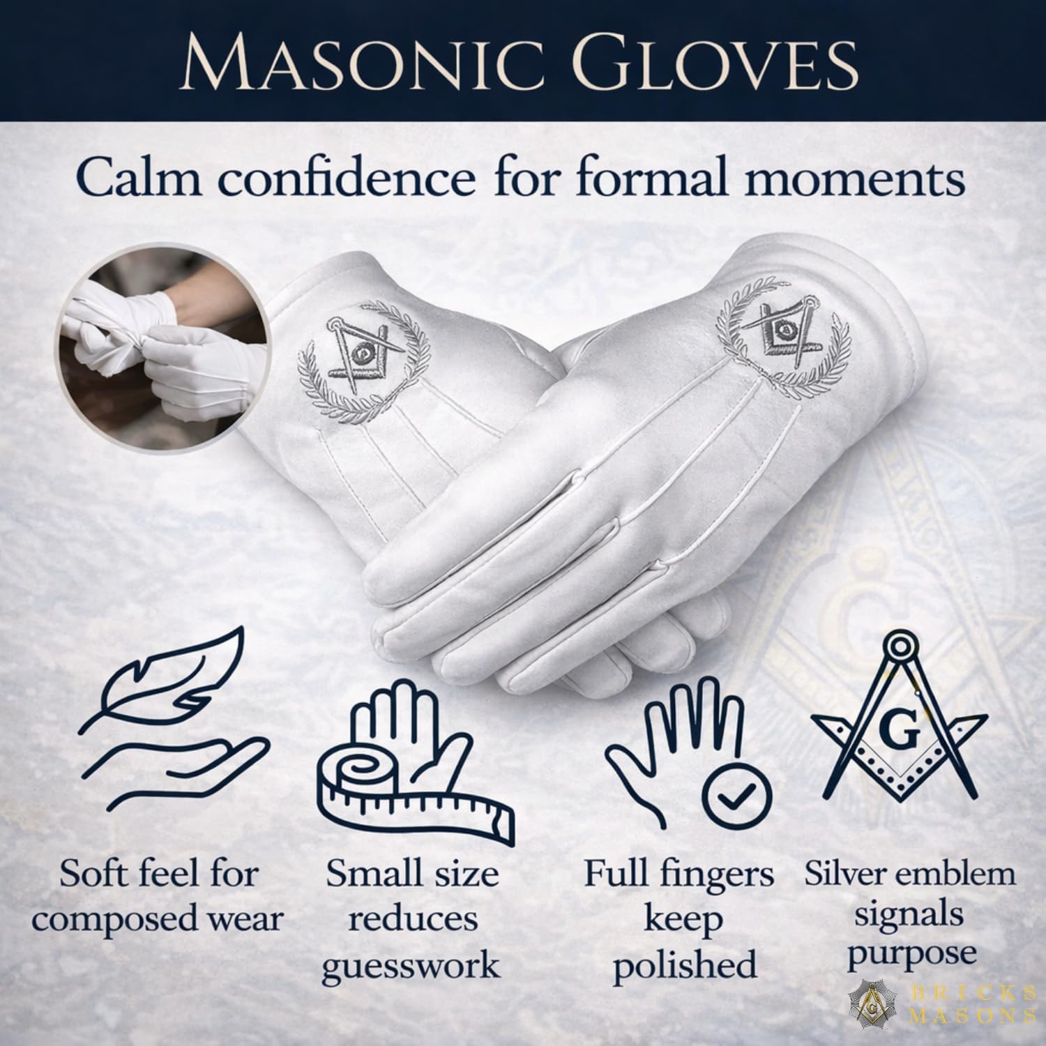 BRICKS MASONS Masonic Regalia White Soft Leather Gloves Past Master Black