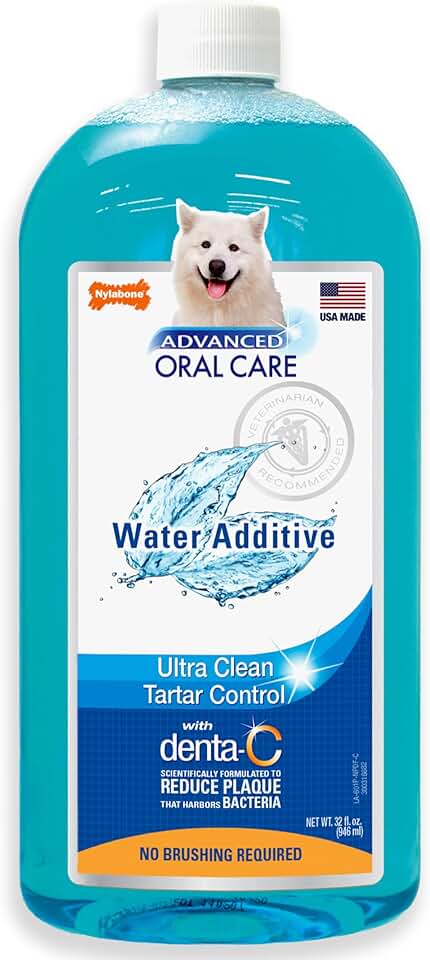 Nylabone 高級口腔護理寵物牙齒水添加劑，狗用液體牙垢去除劑和口氣清新劑，狗牙齒清潔，原味，32 盎司。
