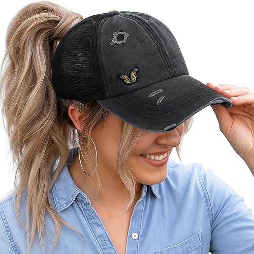 Gorra de cola de caballo de mariposa vintage desordenada para mujer, gorra de béisbol de algodón lavado, gorra de béisbol de malla ajustable, color