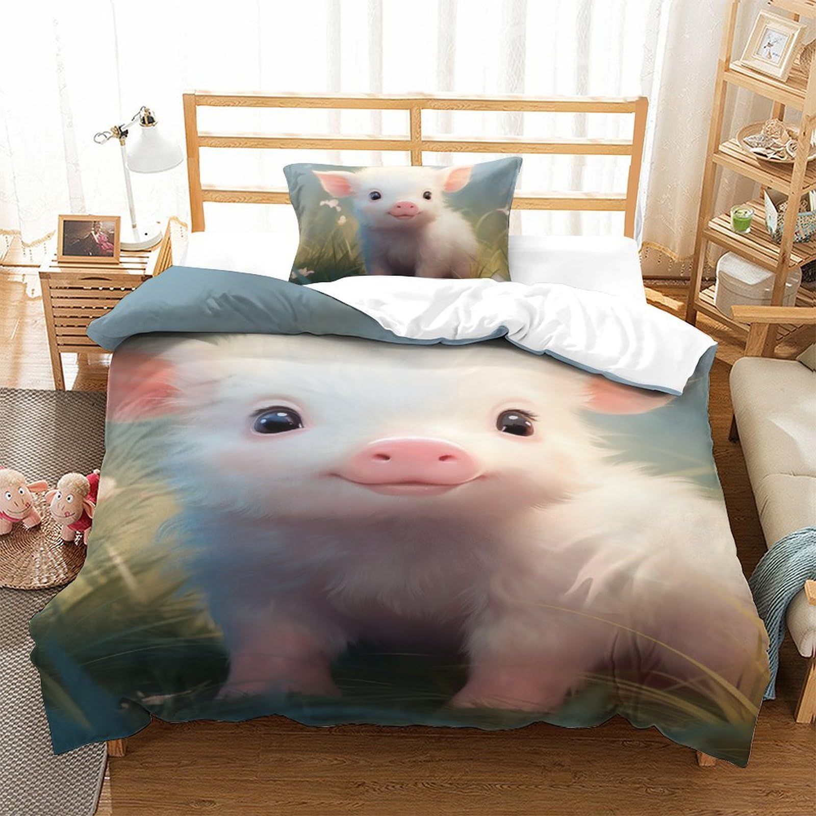 Housse de couette 135x200 porcs 2 pièces microfibre lit enfant fille garçon taie d'oreiller zip