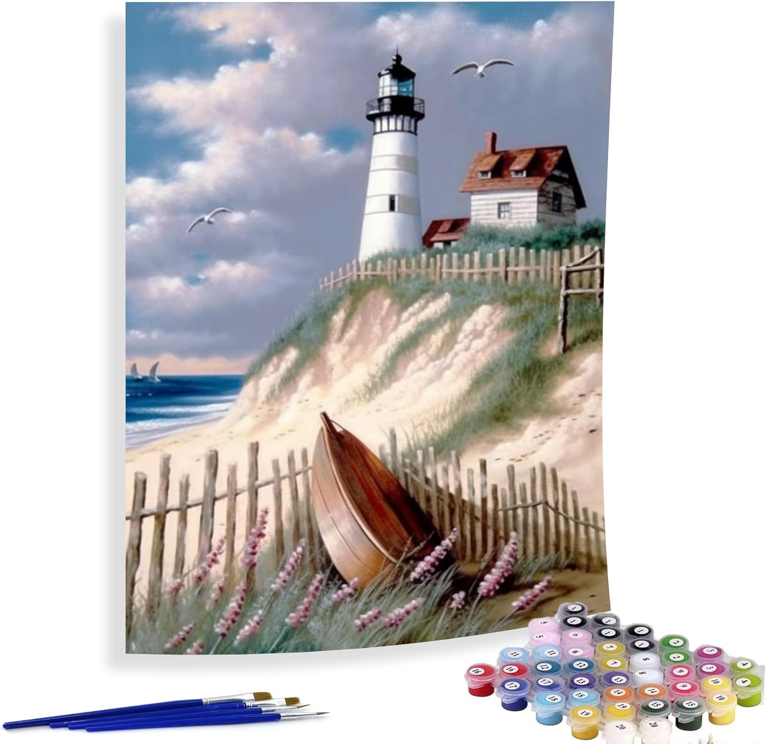 MXJSUA Kit Pittura Con Numeri Per Bambini 4 Quadri Faro Alba Con Cornice 20x20cm – Colori Acrilici