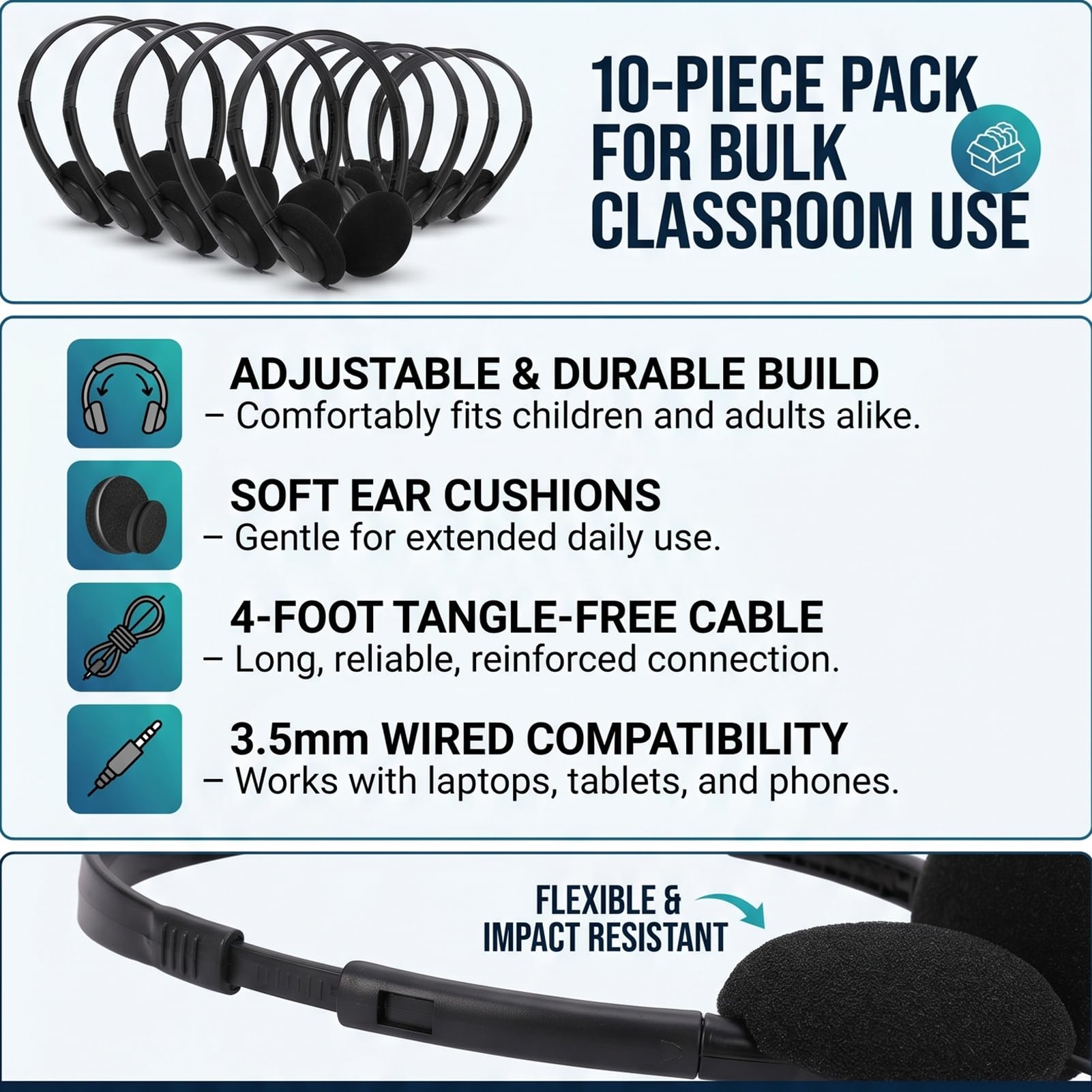 Focket Cuffie per Aula per Bambini da 10 Pezzi, Cuffie Cablate Sopra l'orecchio da 3,5 Mm con Archetto Regolabile per Scuola, Biblioteca, Studenti,