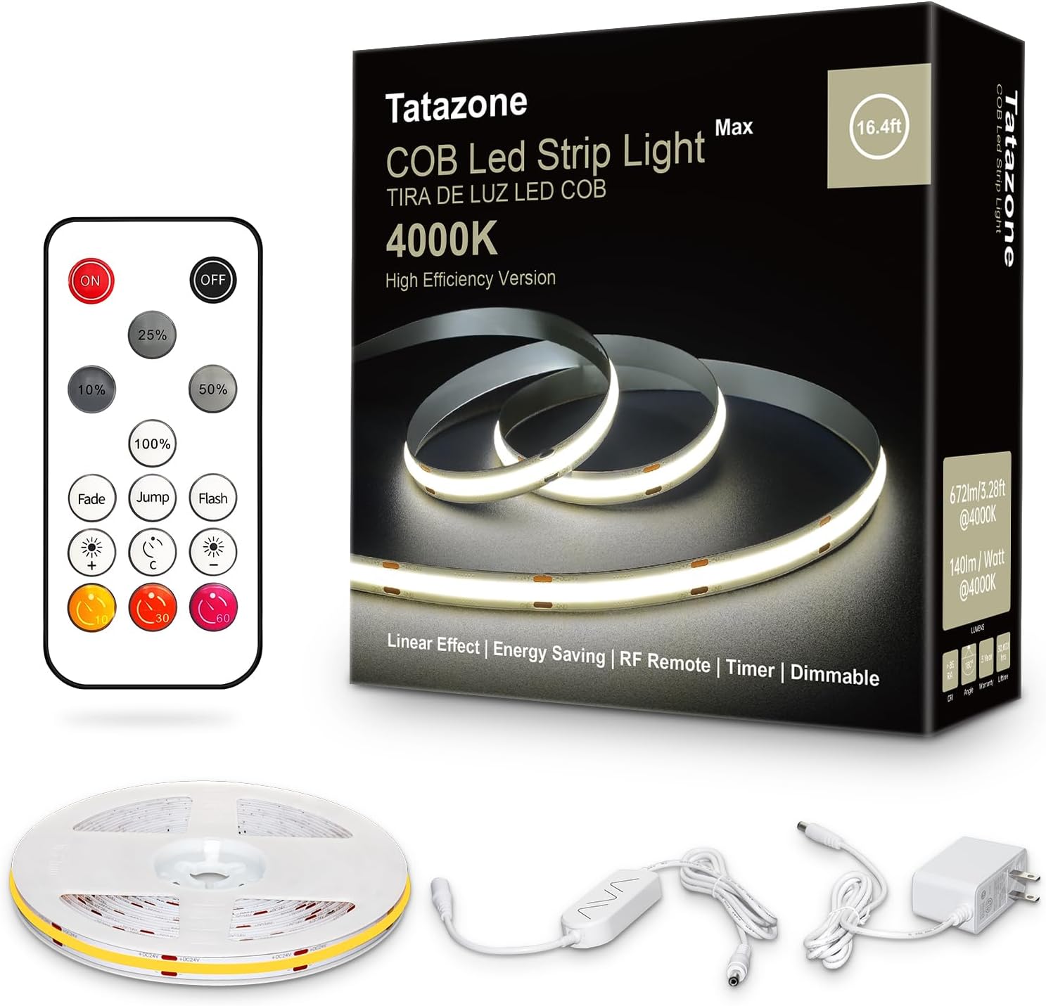 Tatazone White COB Led Strip Lights Max with RF Remote, 16.4ft 4000K Dimmable Ultra Bright Neutral White COB Light Strip, Indoor COB Led Lights for Mirror, Ceiling, Kitchen, Room, Cabinet, Closet