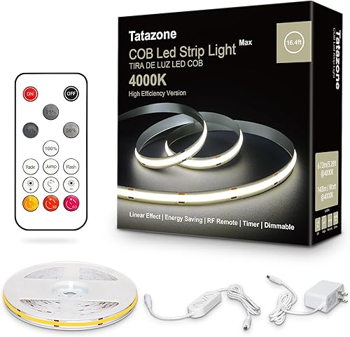 Miniatura 9 de Tira de luces LED COB blanca Tatazone Max con control remoto RF, 5m 6500K luz de tira de mazorca ultra brillante regulable de luz blanca diurna,