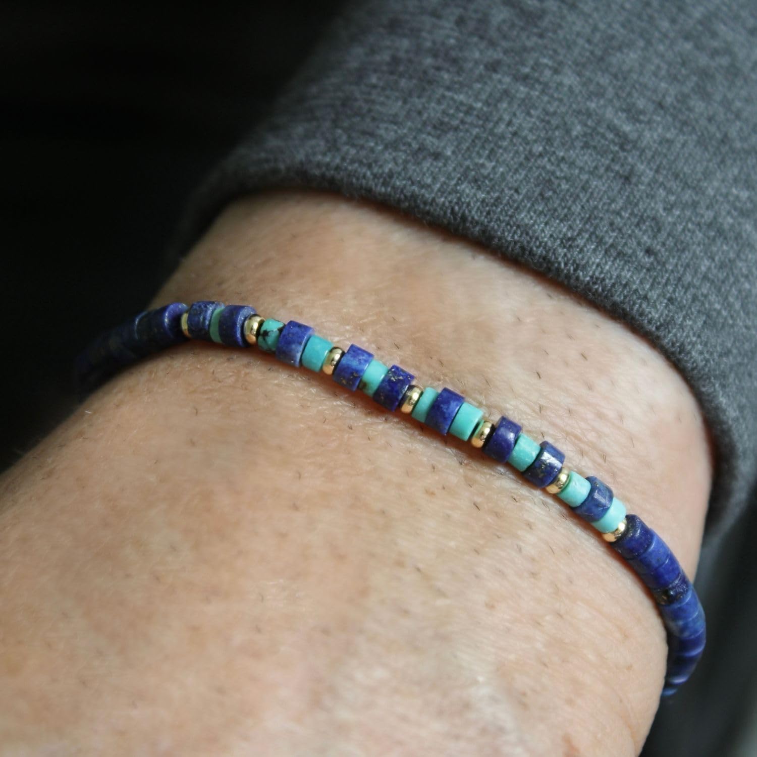 Luck Strings Lapis Lazuli, Turquoise and 14k Solid Gold Beaded Bracelet - Stretch Cord - Unisex Jewelry for Men and Women