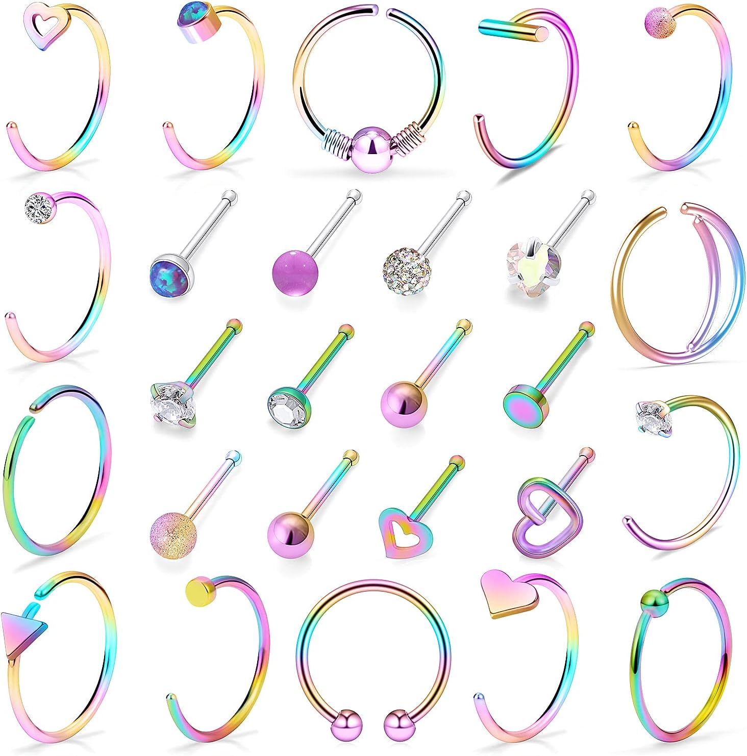 Jenxnjsjo Rainbow Nose Rings Studs and Hoops for Women 20g Surgical Stainless Steel Piercing Jewelry