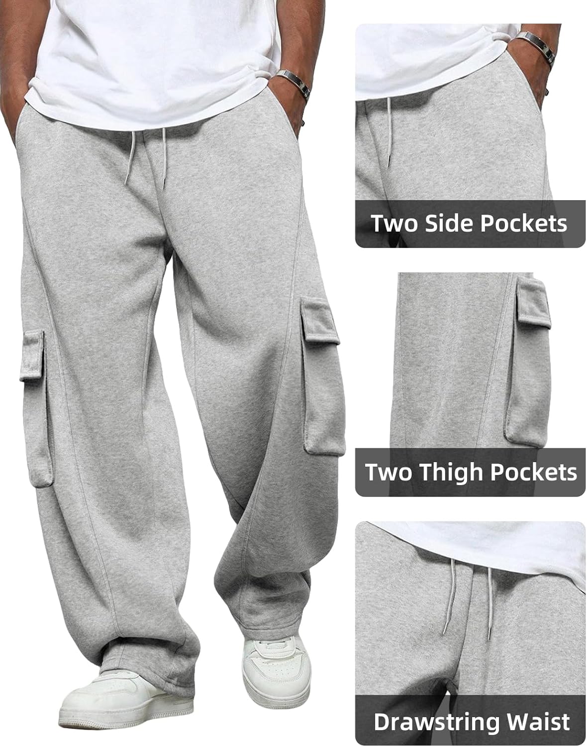 BUXKR Men's Baggy Sweatpants Wide Leg Fleece Casual Joggers Cotton Loose Drawstring Elastic Waist Pants with Pockets - Image 7