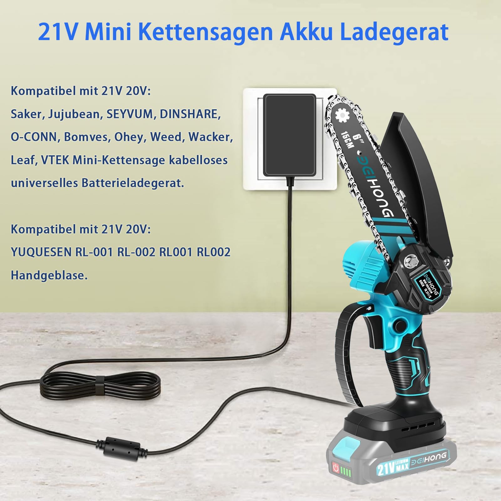 21V Lithium Akku Ladegerät, kompatibel mit 20V und 21V Mini Kettensägen. | Akku Laubbläsern, Bohrmaschinen, Schraubenschlüsseln, Schraubendrehern und anderen Elektrowerkzeugen.