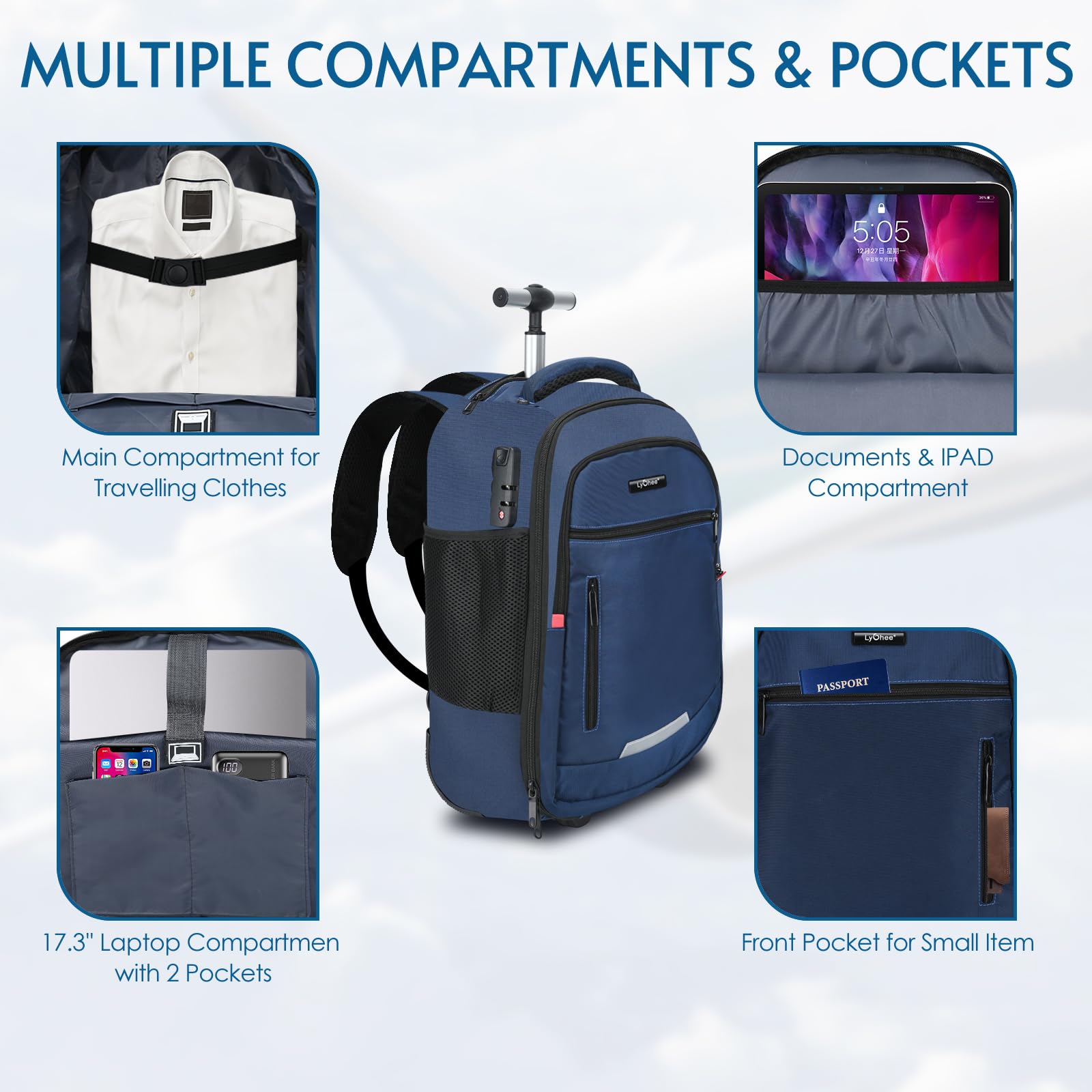Lychee Mochilas Business - Mochilas con Ruedas - Bolsas de Lona con Ruedas - Mochilas para Equipaje - Bolsas con Ruedas - Bolsas con Ruedas para portátiles - Bolsas de Lona Impermeables (Azul)