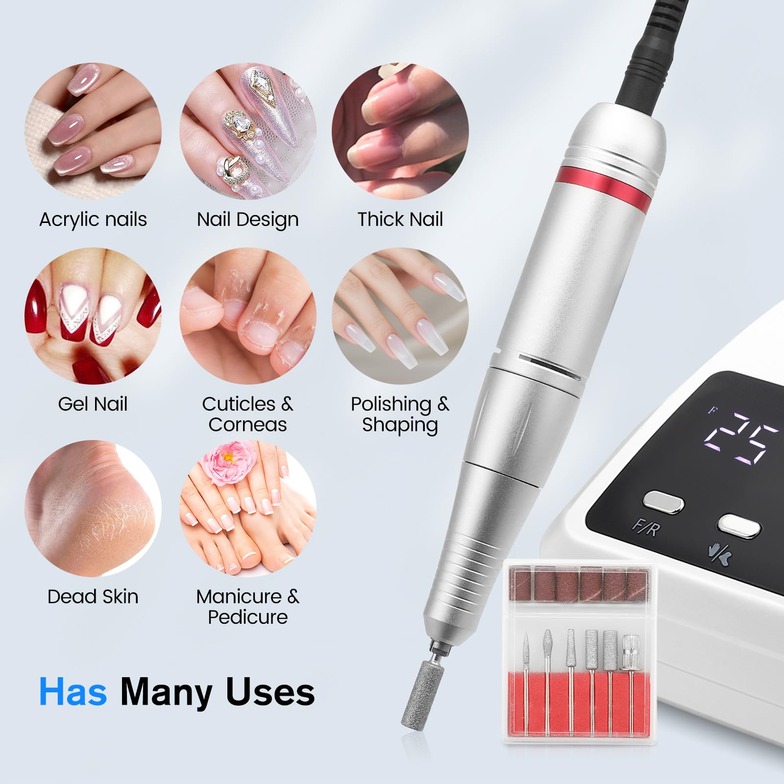 Nagelfräser, 45,000RPM Professionelle Elektrisch Nagelfräser, Ultraleise Elektrische Nagelfeile, Fräser Maniküre Pediküre Set Mit Pedalen, LED-Display, 6 Bits für Acrylnägel Maniküre Salon & Zuhause