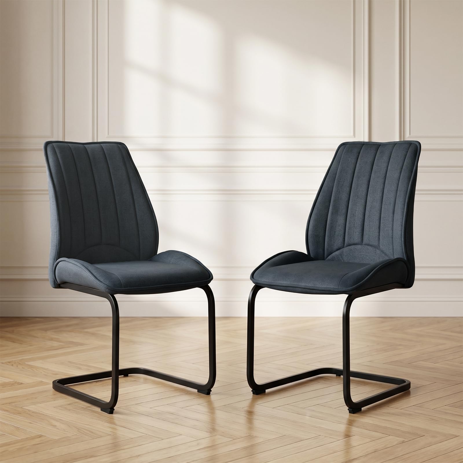 JIEXI Dining Chairs Set of 2 Dark Grey Fabric Upholstered, Sturdy Suspended Black Metal Frame, Soft Comfortable Seat Cushion and Backres Dining Chairs for Home, Kitchen and Living Room (2)