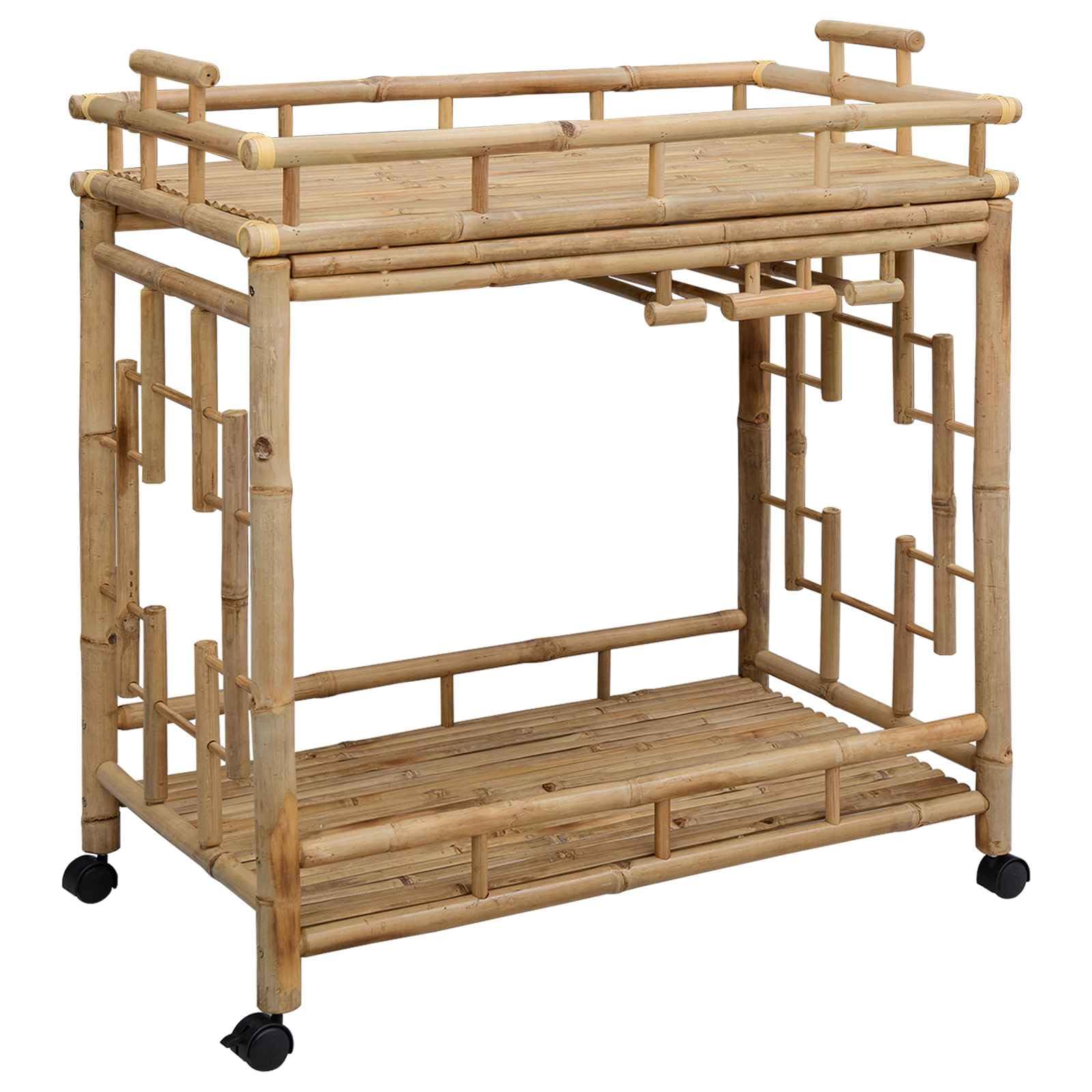 Générique Wózek na wino z kółkami z naturalnego bambusa, 85 x 50 x 93 cm, prostokątny, mobilny i zamykany, do przechowywania butelek, szklanek i akcesoriów w kuchni lub salonie.