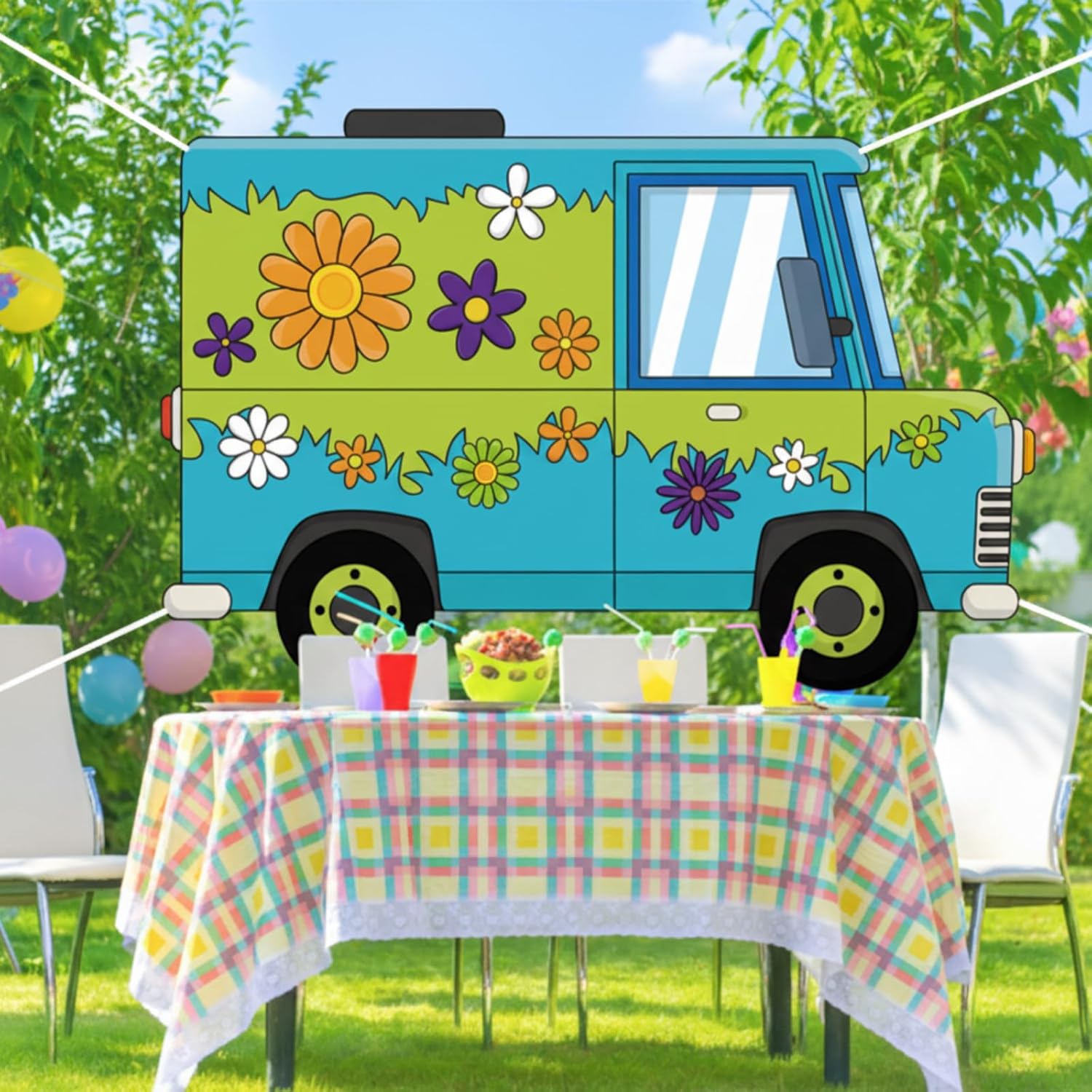 Panelee カーヒッピー写真小道具背景幕、6 x 4フィートの面白いバス写真小道具、カートゥーンパーティー用品 車の背景ポスター