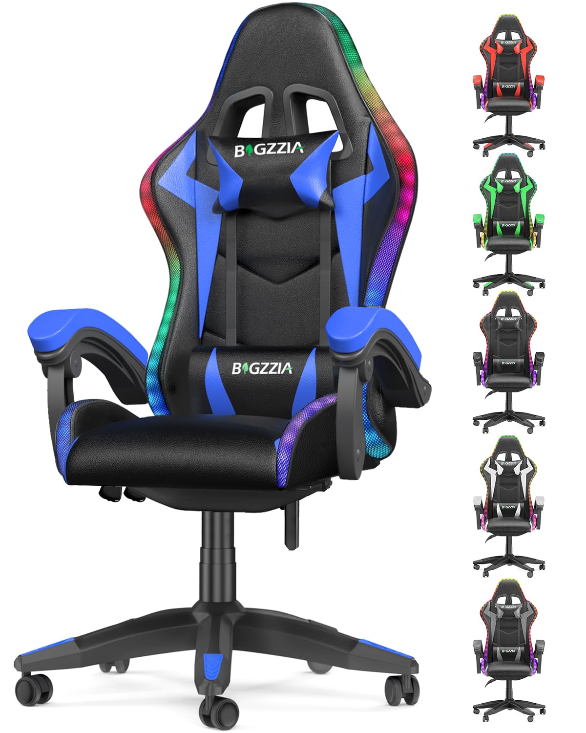 bigzzia Silla Gaming Ergonómica con Luces LED, Altura Regulable, Apoyo Lumbar y Reposacabezas, Respaldo Inclinable hasta 155°, Utilización RGB, Azul
