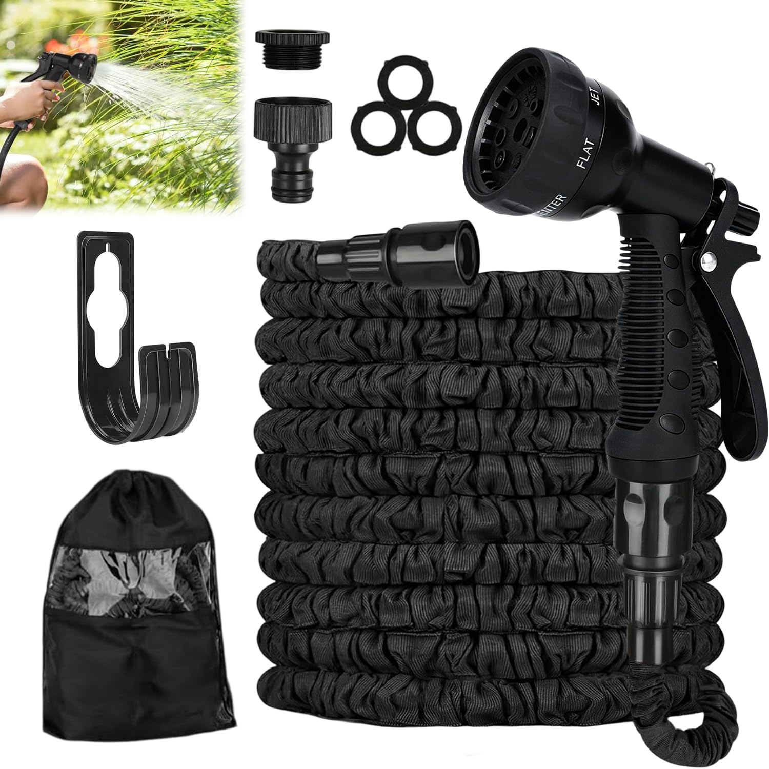 Manguera Extensible 15m, Mangeras Jardineria con Pistola de 8 Funciones, Manguera Jardín, Mangeras Flexible para Jardinería, Man-guera Flexible y Ligera con 3/4" 1/2" Conector, Soporte de Pared, Negro