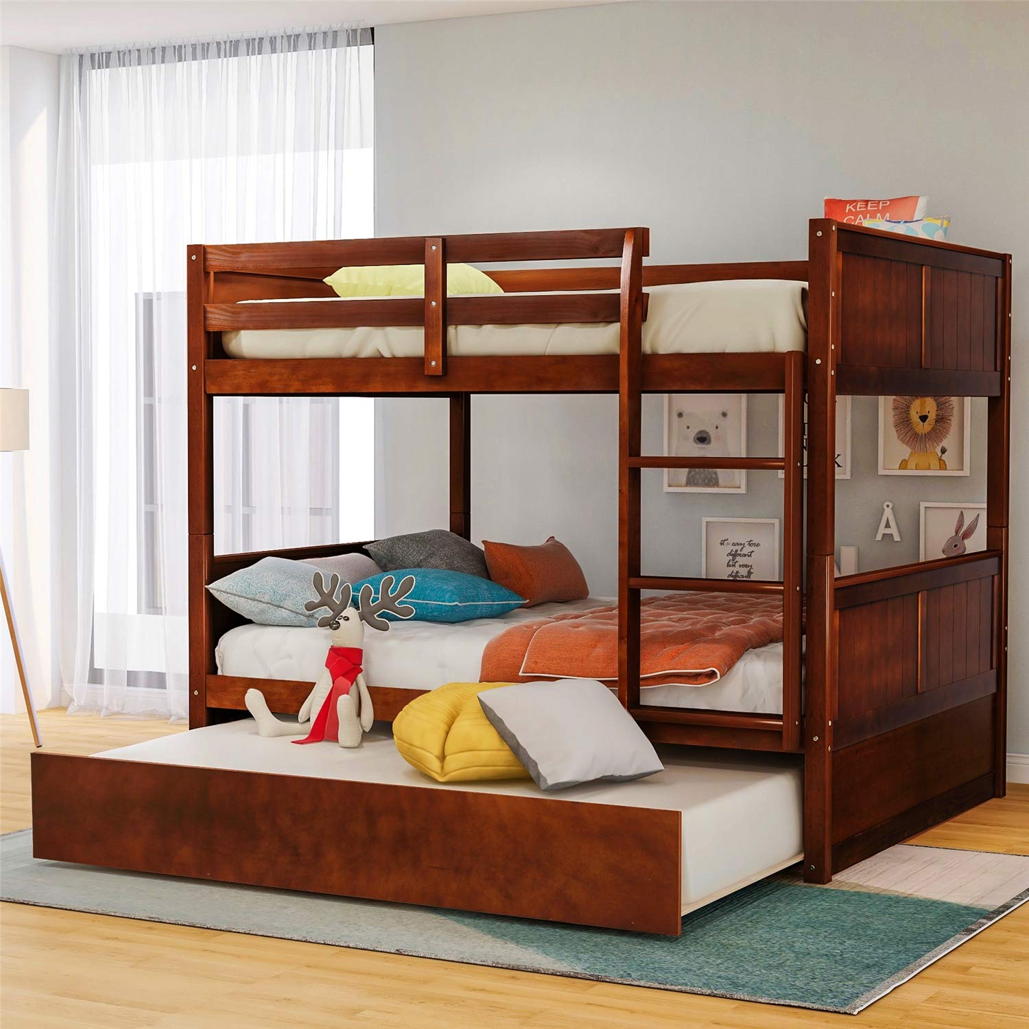 Full Over Full Bunk Bed with Twin Trundle and End Ladder, Pine Wood Bunk Bed Frame Convertible to Two Full Size Bed and One Twin Trundle Bed for Kids Teens No Box Spring Needed (Walnut)