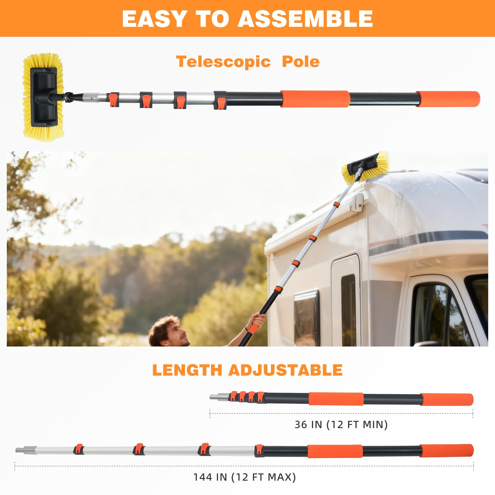 3,6 m Autowaschbürste mit Teleskopstiel aus Aluminium, Winkeladapter, 2er Set 30cm weiche & Harte Borsten, kratzfrei für Auto, LKW, Wohnmobil, Fenster, Dach, Solarpanel, Boden