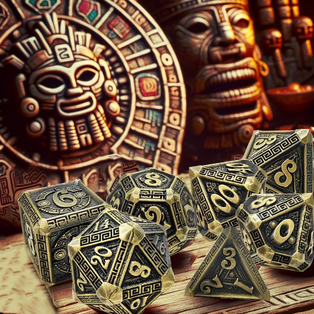 DND Dice Set Ancient Civilization​ Metal D&D Dice Set with Metal Box Polyhedral Dice for Dungeons and Dragons TTRPG Gifts (Maya, Brass)