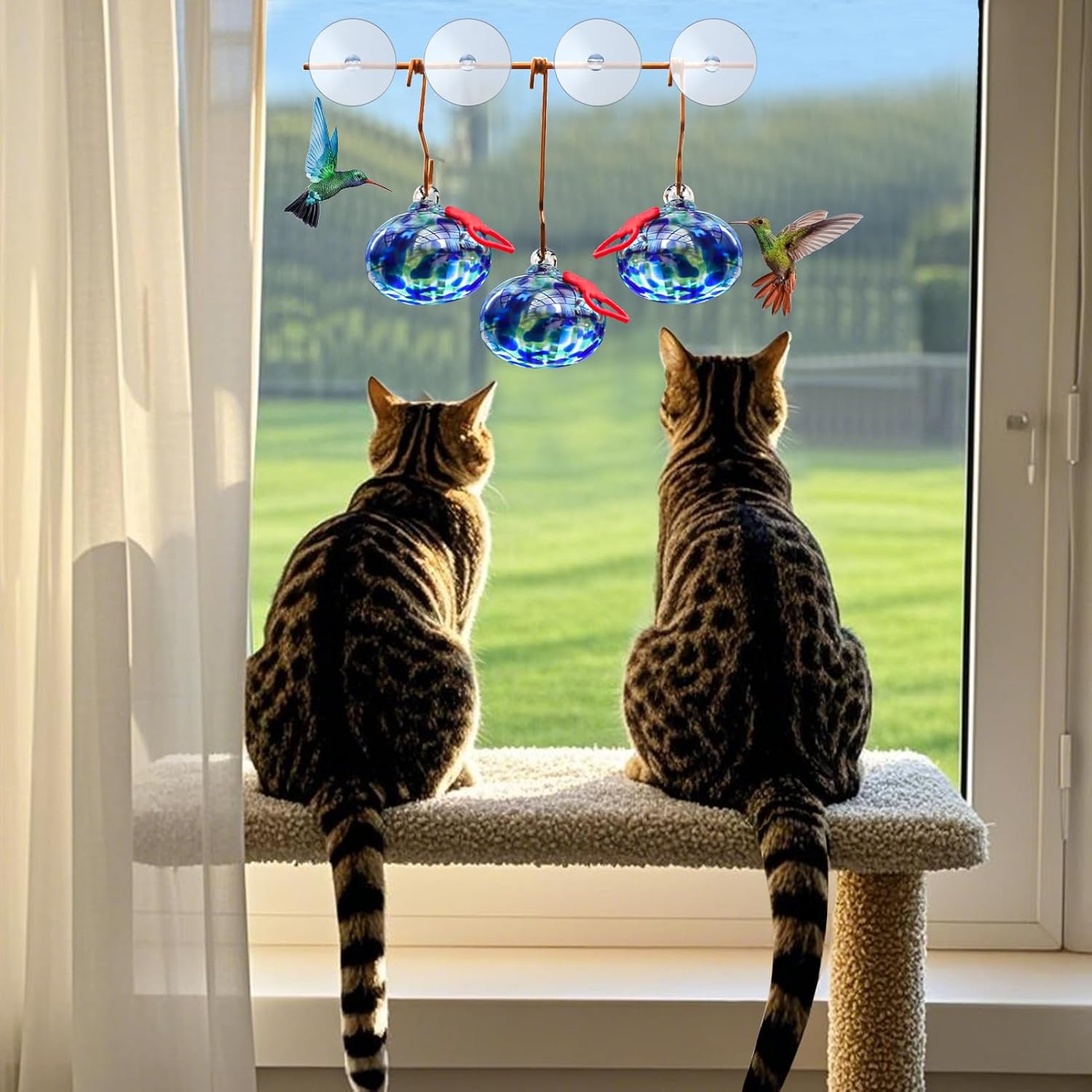 Window Hummingbird Feeder with Suction Cups,Hand-Blown Glass Hummingbird Feeders for Outdoors Window Mounted with Metal Hook,Close Bird Watching,Finch in Garden,Yard(Dotted Blue) - Image 6