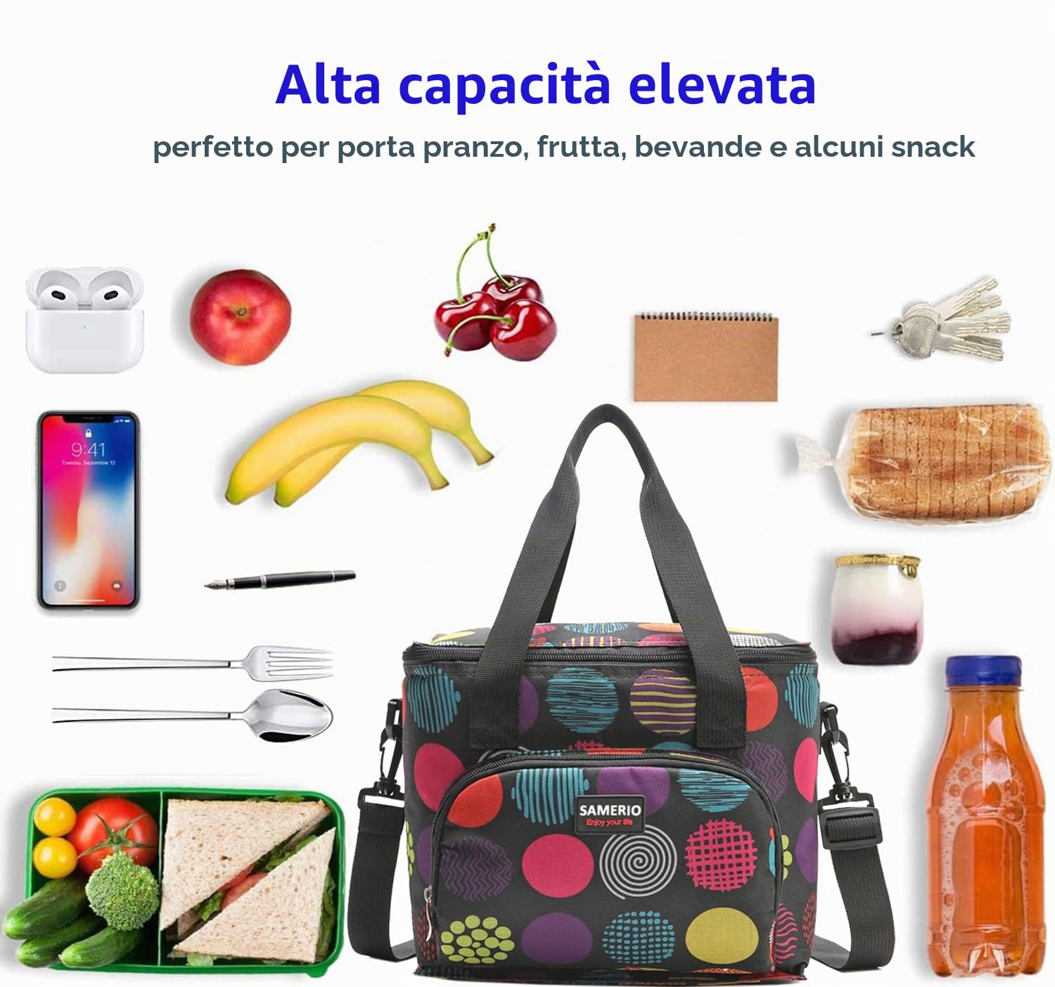 Borsa Termica Donna Pranzo Riutilizzabile Cinghia Regolabile Cerniera Campeggio Lavoro Scuola