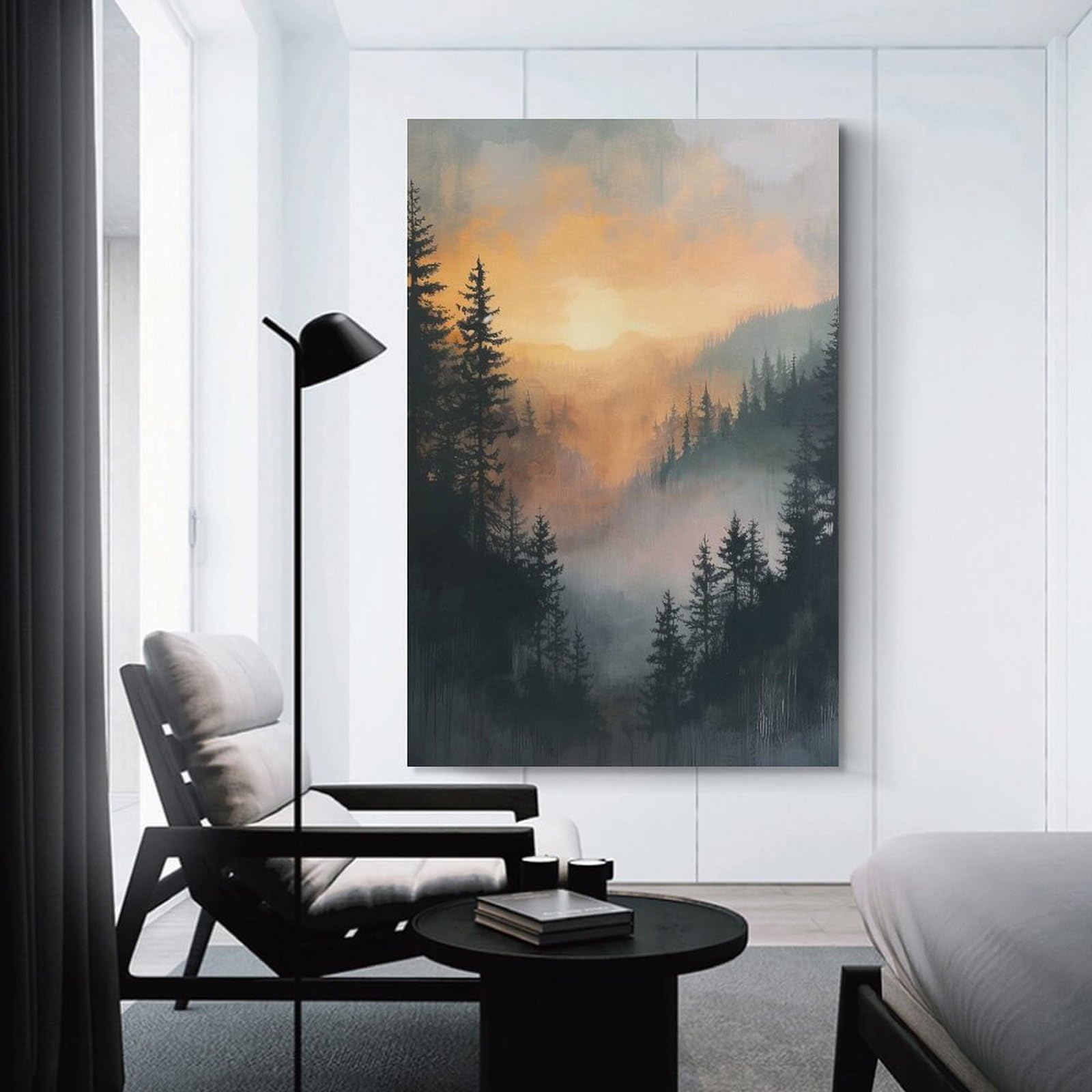 Junmoney Hanging Wall Art Misty Forest Sunset, 24x36inch(60x90cm), for Wall Displays, Bedrooms Or Room Updates, Decorative Artwork with Flexible Styling